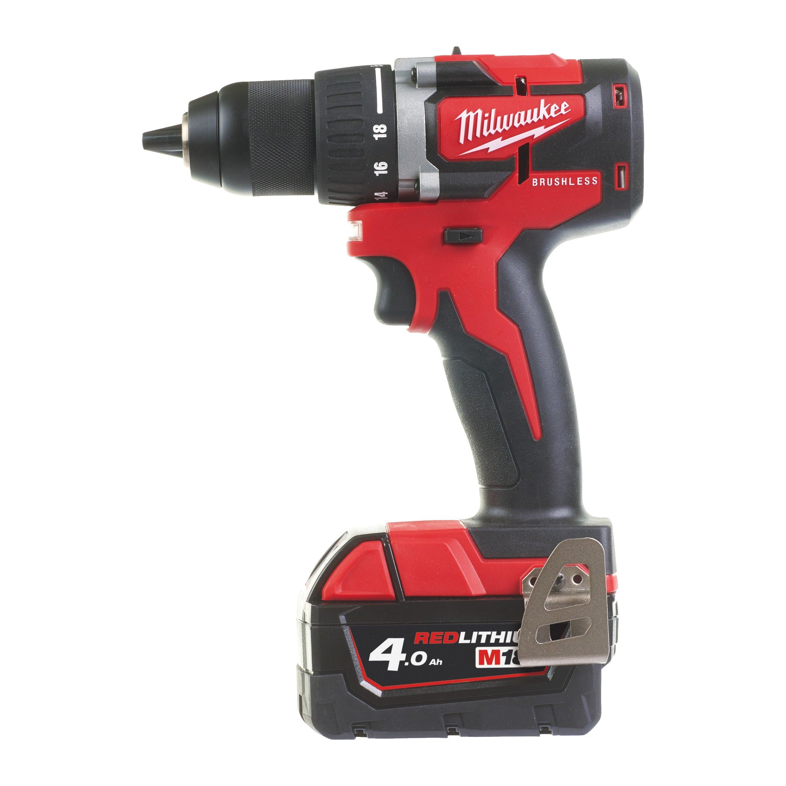 Mașină de găurit, compactă, cu motor fără perii M18™ Milwaukee M18CBLDD-402C, cod 4933464539, 2 x M18 B4 acumulator, M12-18 C încărcător, cutie plastic - BIG STORE (Dynamic Tools SRL)