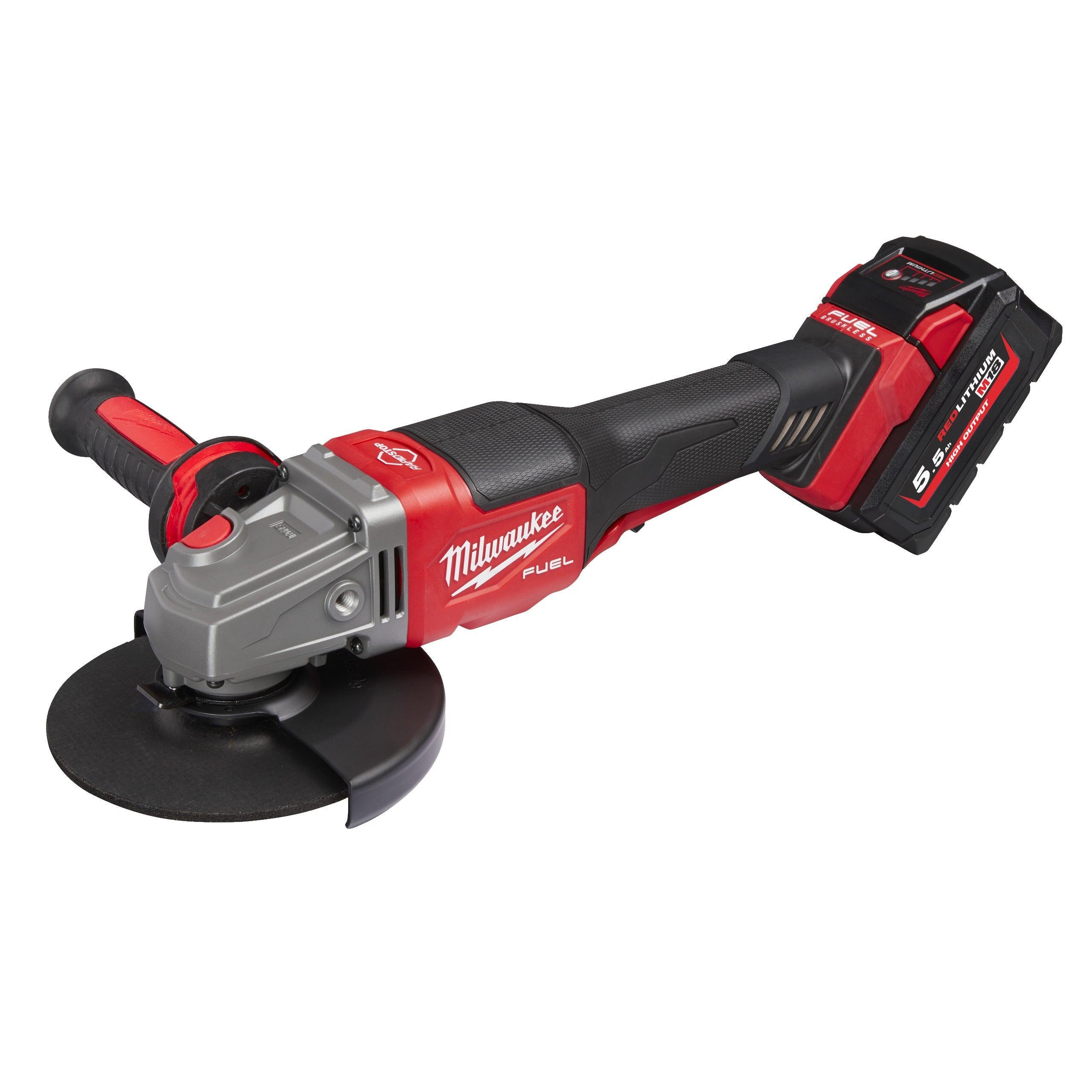 Polizor unghiular de înaltă performanță, de 125 mm, cu frânare, cu comutator tip clapetă, M18 FUEL™ Milwaukee M18FHSAG125XPDB-552X, cod 4933471080, 2 x M18 HB5,5 acumulator, M12-18 FC încărcător, cutie HD - BIG STORE (Dynamic Tools SRL)