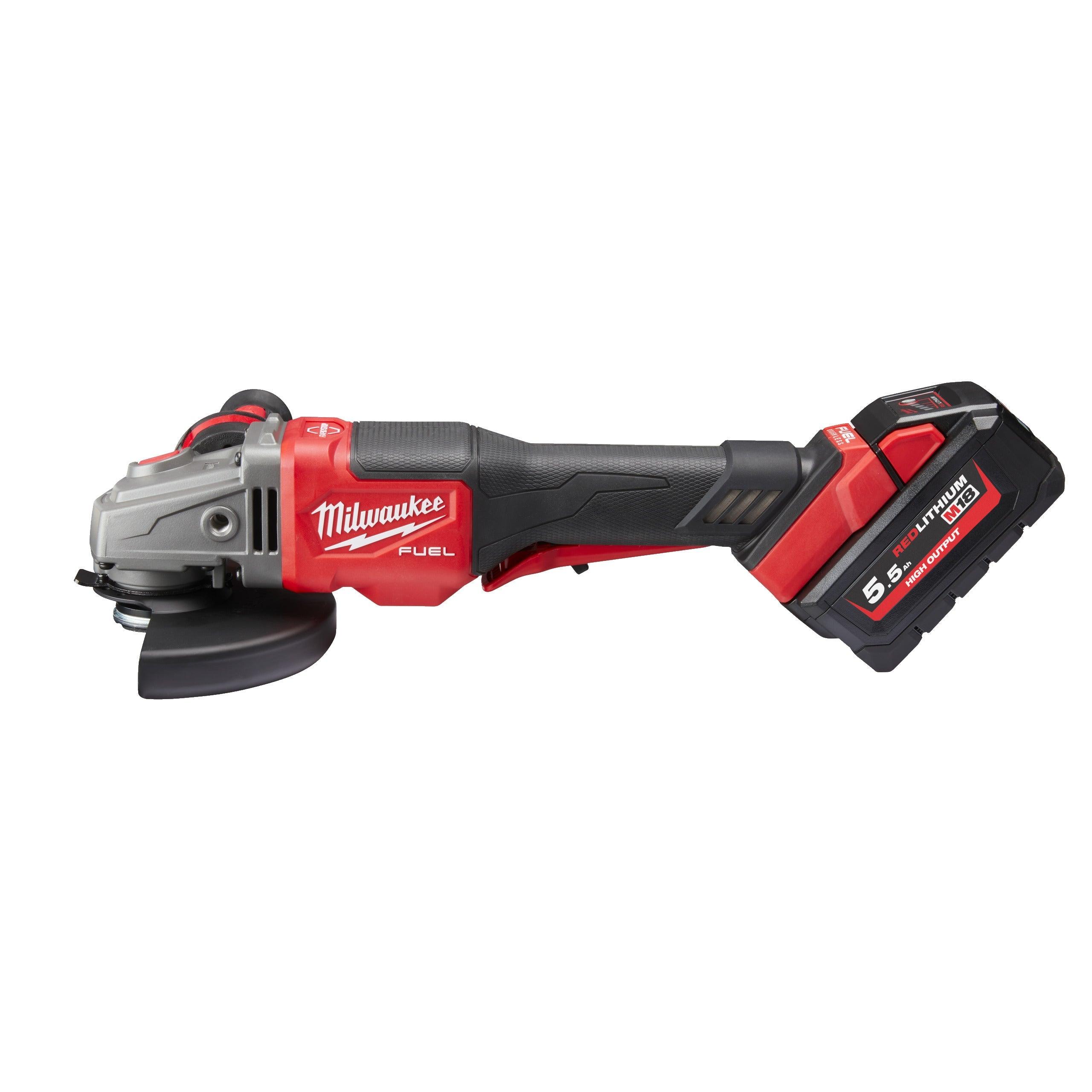 Polizor unghiular de înaltă performanță, de 125 mm, cu frânare, cu comutator tip clapetă, M18 FUEL™ Milwaukee M18FHSAG125XPDB-552X, cod 4933471080, 2 x M18 HB5,5 acumulator, M12-18 FC încărcător, cutie HD - BIG STORE (Dynamic Tools SRL)