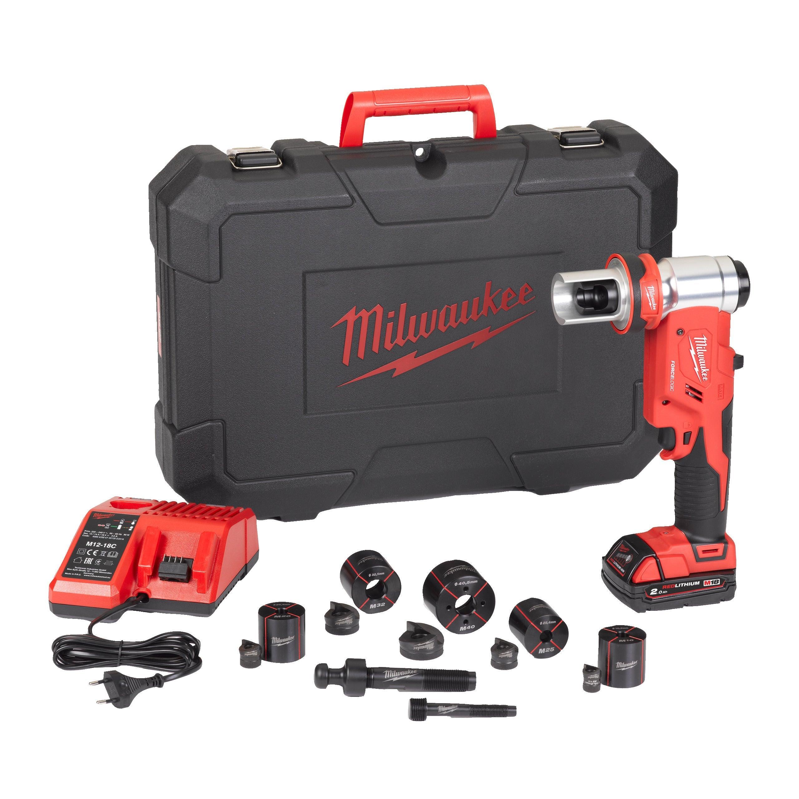 Mașină de ștanțat hidraulică M18™ FORCE LOGIC™ Milwaukee M18HKP-201CA, 1 x M18 B2 acumulator, M12-18 C încărcător, cutie plastic, cod 4933451204 - BIG STORE (Dynamic Tools SRL)