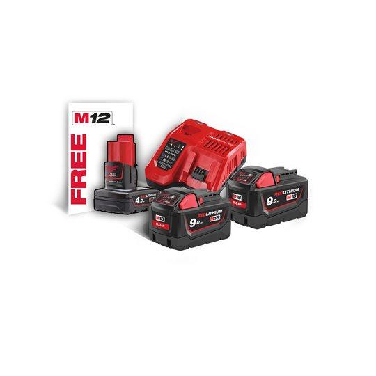 Set 2 acumulatori 18V x 9,0Ah + încărcător, Milwaukee M18NRG-902, cod 4933451422 (Cadou: acumulator M12 x 2,0Ah) - BIG STORE (Dynamic Tools SRL)