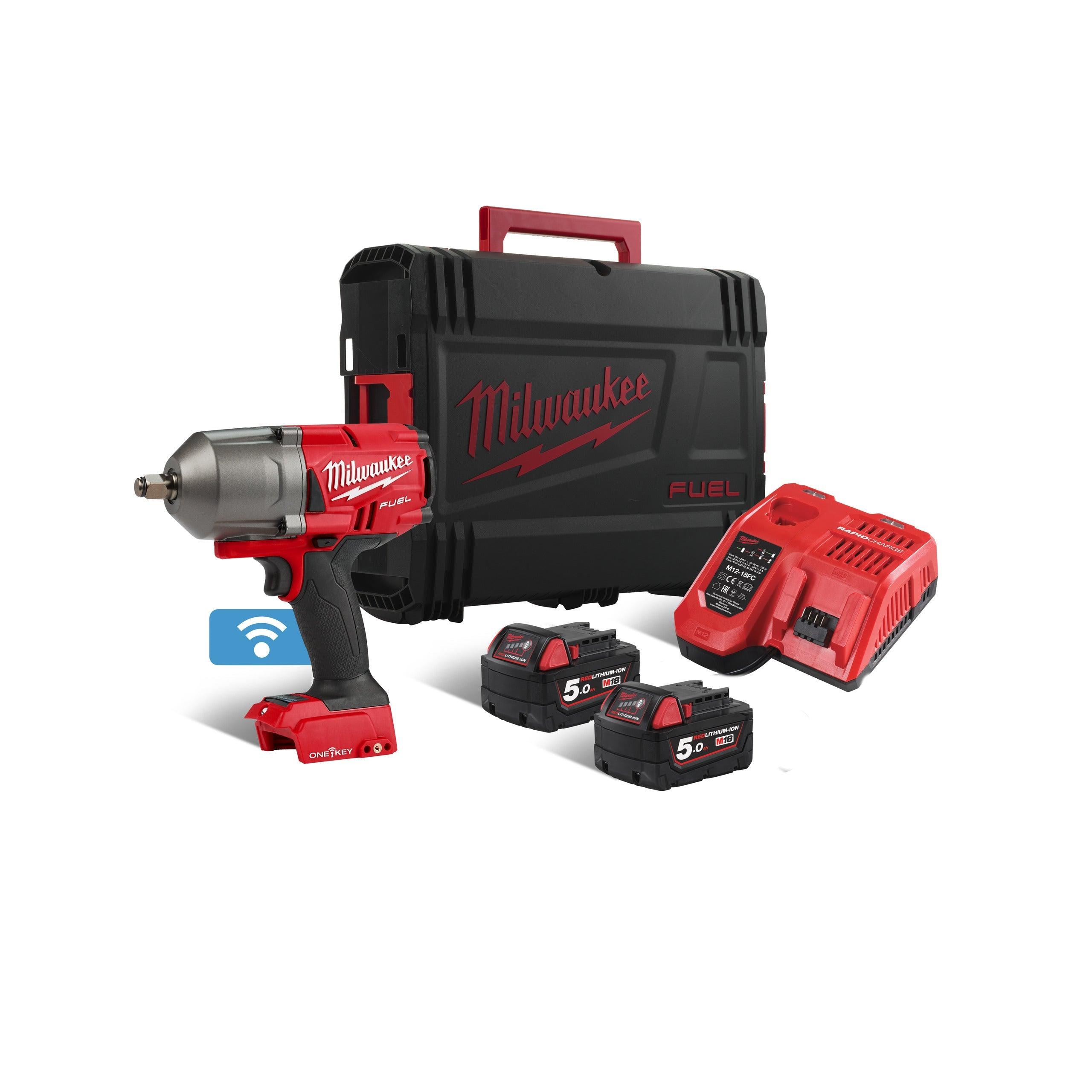 Cheie de impact Milwaukee 1/2″ 1356Nm 18V M18ONEFHIWF12-502X, ONE-KEY™ M18 FUEL™, cuplu ridicat și inel de fixare, cod 4933459727, 2 x M18 B5 acumulator, M12-18 FC încărcător, cutie HD - BIG STORE (Dynamic Tools SRL)