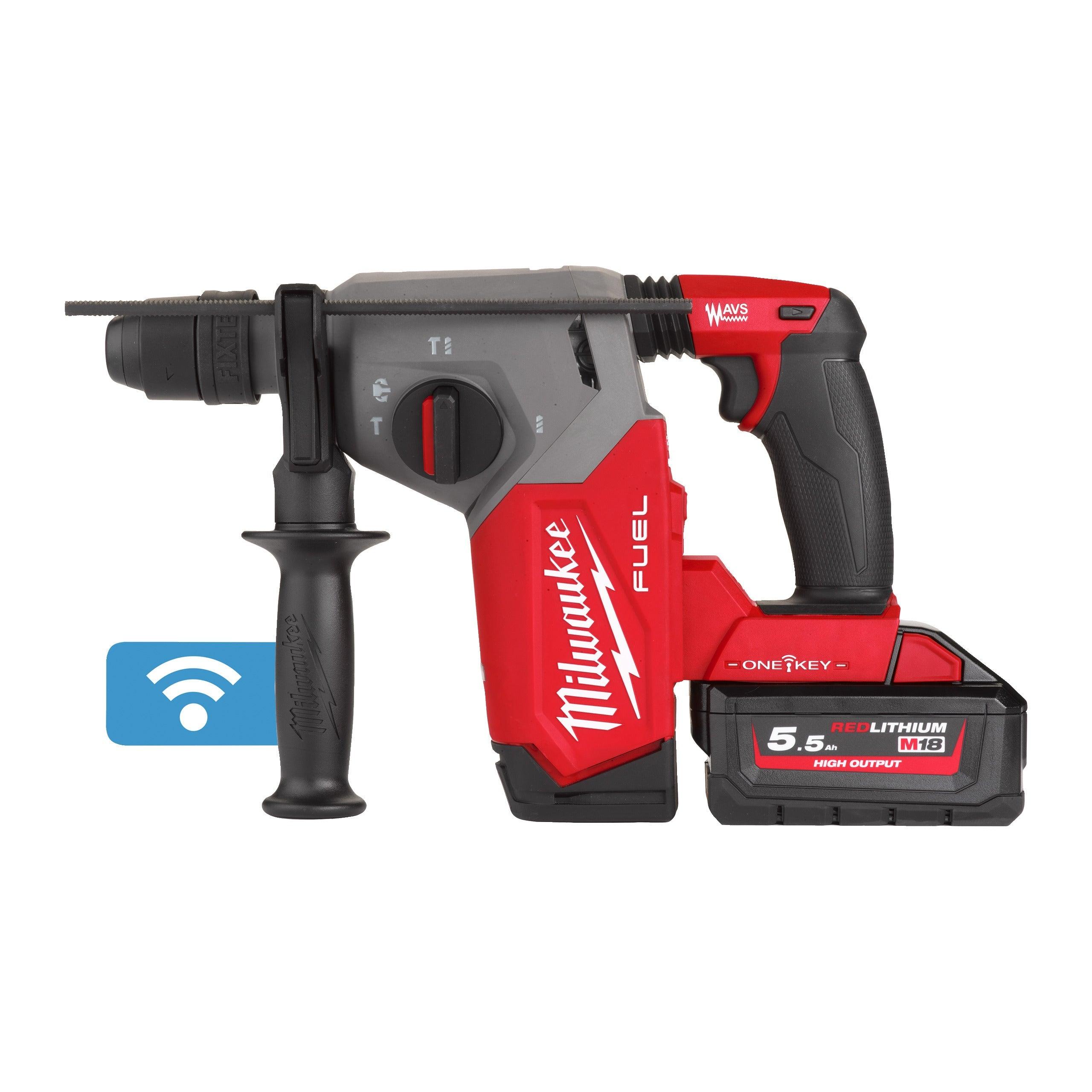 Ciocan rotopercutor SDS-Plus 26 mm cu 4 funcții și mandrină FIXTEC™ ONE-KEY™ M18 FUEL™ Milwaukee M18ONEFHX-552X, cod 4933478504, 2 x M18 HB5,5 acumulator, M12-18 FC încărcător, cutie HD - BIG STORE (Dynamic Tools SRL)