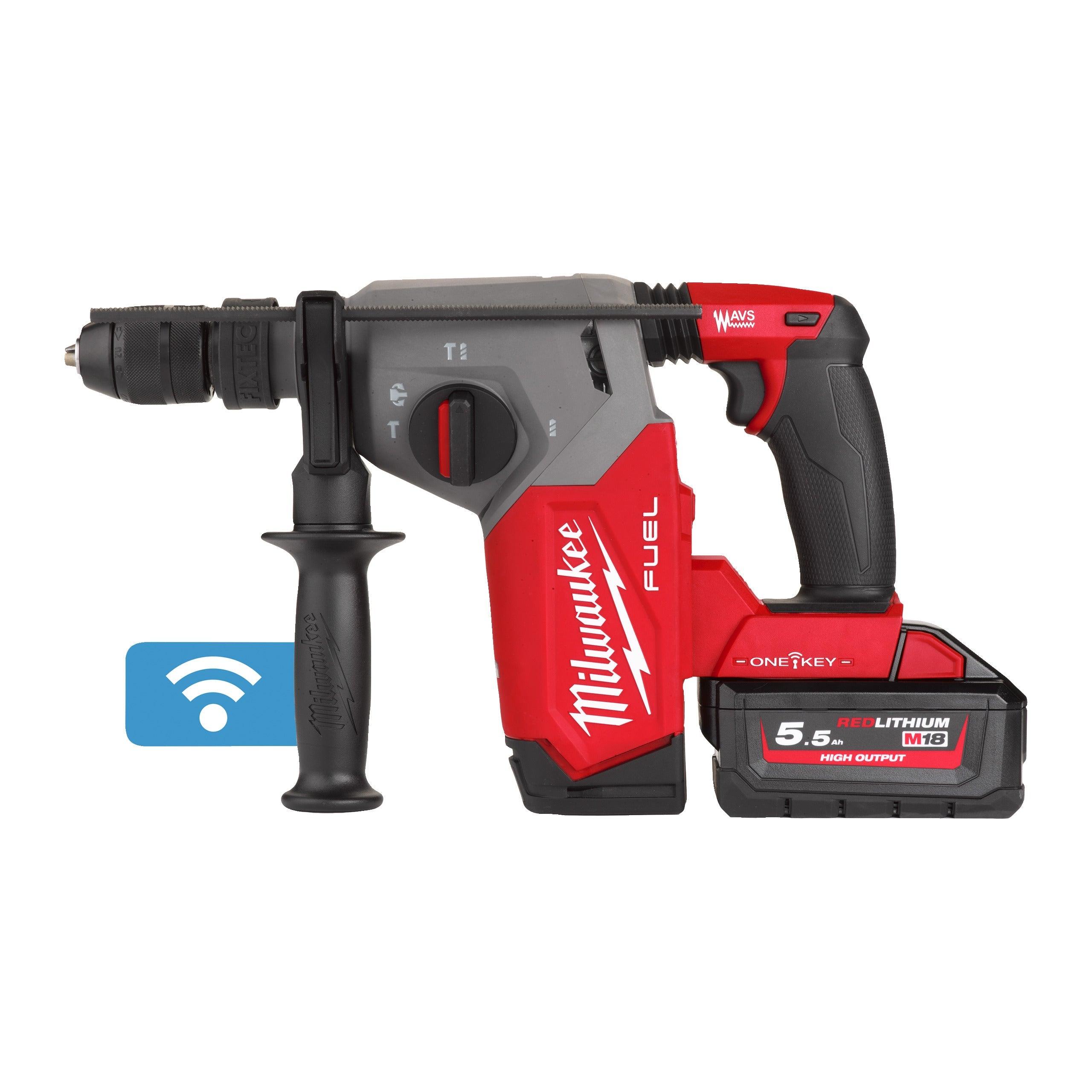 Ciocan rotopercutor SDS-Plus 26 mm cu 4 funcții și mandrină FIXTEC™ ONE-KEY™ M18 FUEL™ Milwaukee M18ONEFHX-552X, cod 4933478504, 2 x M18 HB5,5 acumulator, M12-18 FC încărcător, cutie HD - BIG STORE (Dynamic Tools SRL)