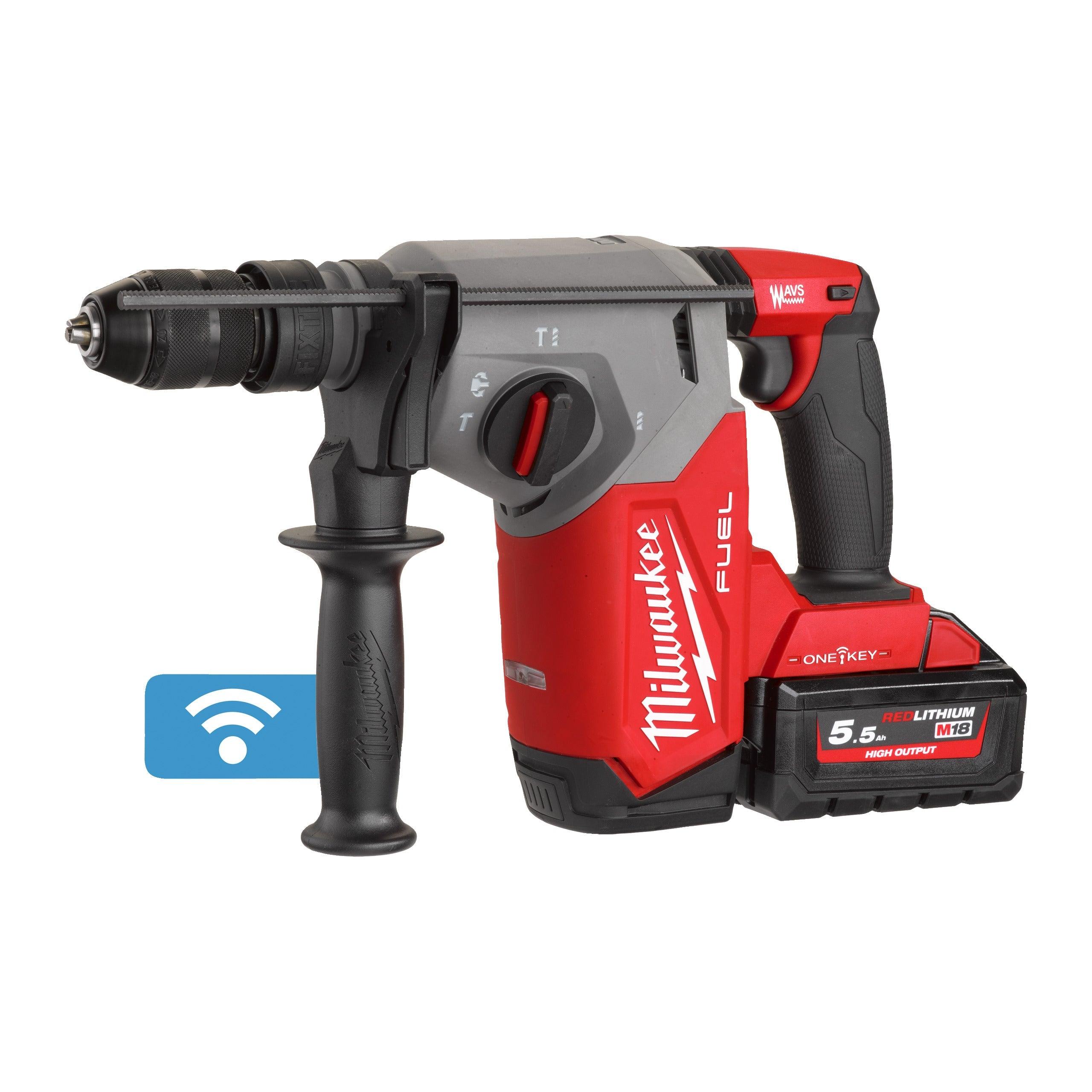 Ciocan rotopercutor SDS-Plus 26 mm cu 4 funcții și mandrină FIXTEC™ ONE-KEY™ M18 FUEL™ Milwaukee M18ONEFHX-552X, cod 4933478504, 2 x M18 HB5,5 acumulator, M12-18 FC încărcător, cutie HD - BIG STORE (Dynamic Tools SRL)