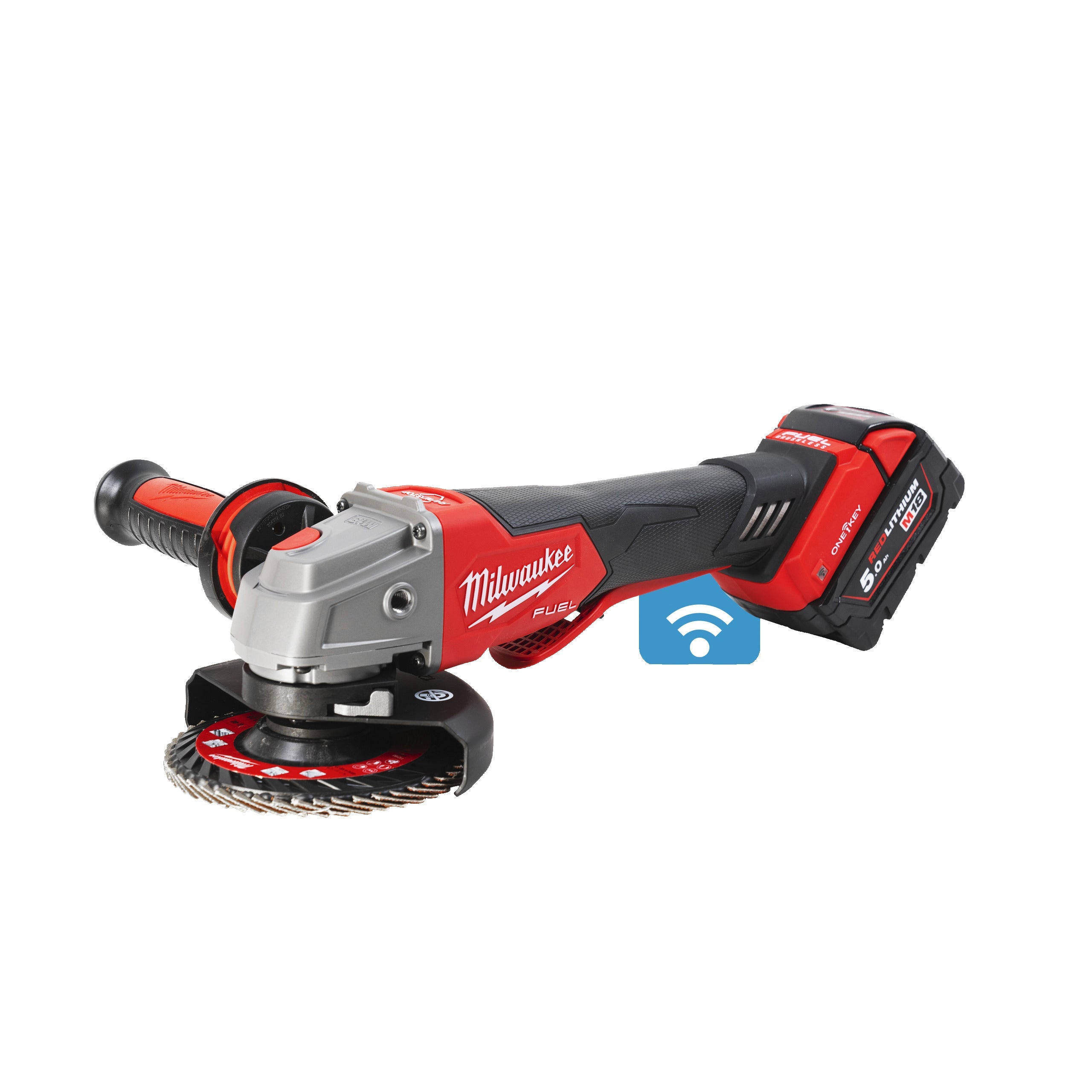 Polizor unghiular 125 mm cu frânare și comutator tip clapetă M18 FUEL™ ONE-KEY™ Milwaukee M18ONEFSAG125XPDB-502X, cod 4933478435, 2 x M18 B5 acumulator, M12-18 FC încărcător, cutie HD - BIG STORE (Dynamic Tools SRL)