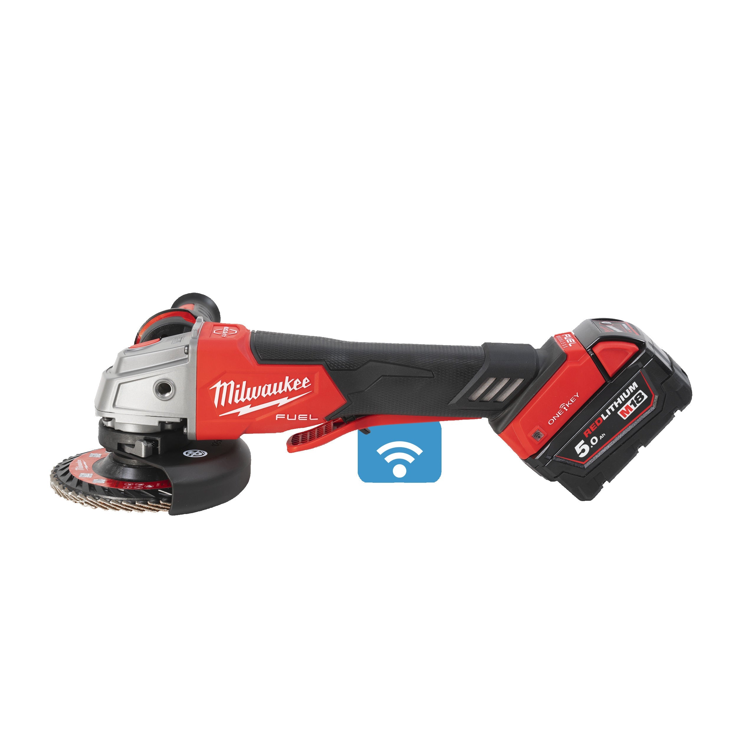 Polizor unghiular 125 mm cu frânare și comutator tip clapetă M18 FUEL™ ONE-KEY™ Milwaukee M18ONEFSAG125XPDB-502X, cod 4933478435, 2 x M18 B5 acumulator, M12-18 FC încărcător, cutie HD - BIG STORE (Dynamic Tools SRL)