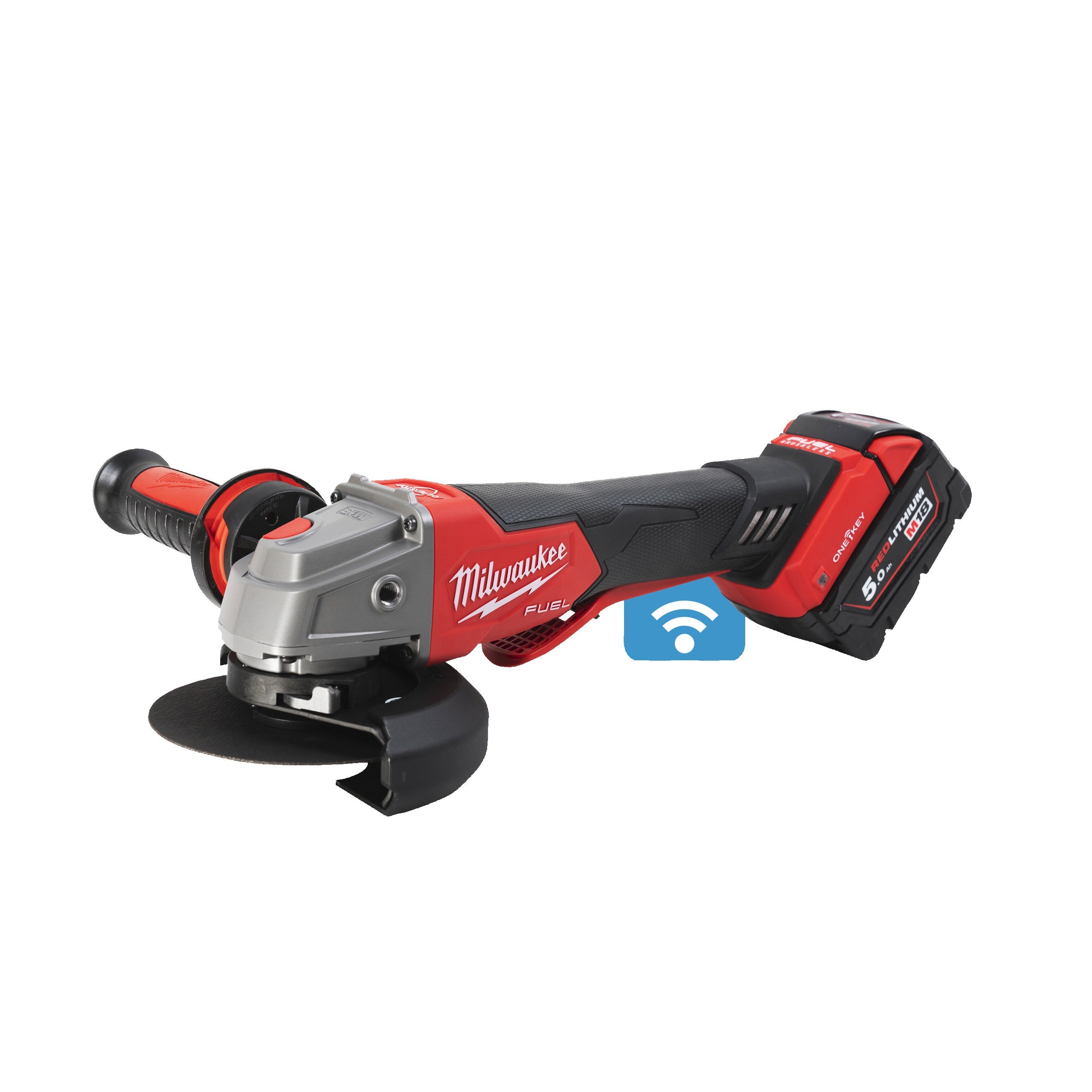 Polizor unghiular 125 mm cu frânare și comutator tip clapetă M18 FUEL™ ONE-KEY™ Milwaukee M18ONEFSAG125XPDB-502X, cod 4933478435, 2 x M18 B5 acumulator, M12-18 FC încărcător, cutie HD - BIG STORE (Dynamic Tools SRL)