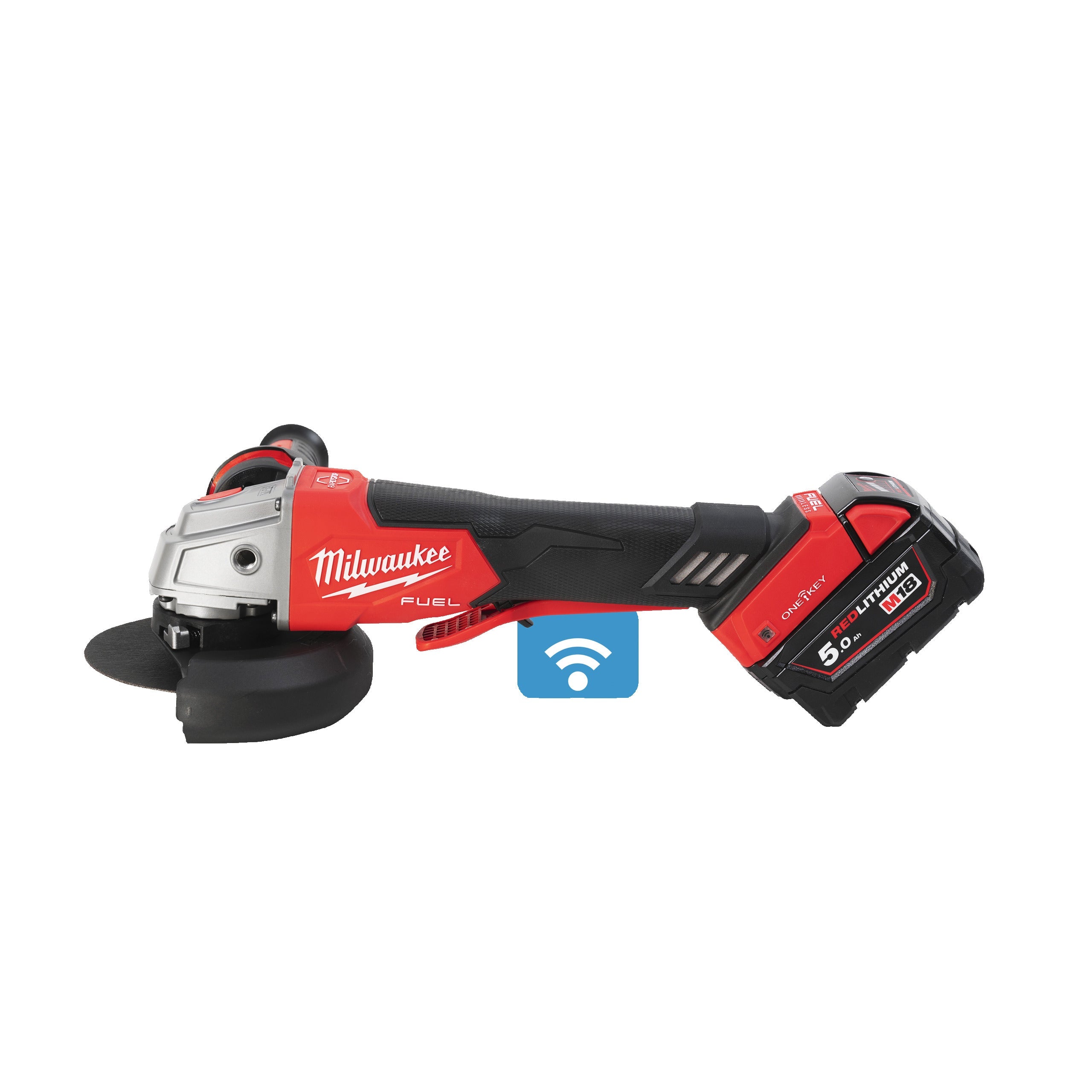 Polizor unghiular 125 mm cu frânare și comutator tip clapetă M18 FUEL™ ONE-KEY™ Milwaukee M18ONEFSAG125XPDB-502X, cod 4933478435, 2 x M18 B5 acumulator, M12-18 FC încărcător, cutie HD - BIG STORE (Dynamic Tools SRL)