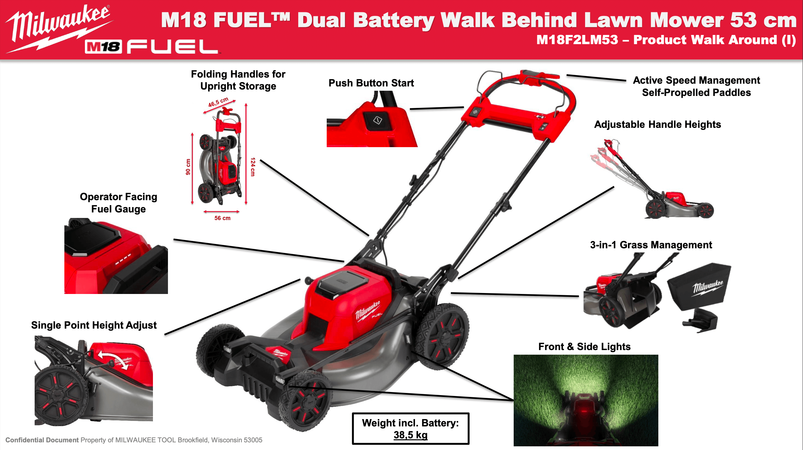 Mașină de gazon pe acumulatori Milwaukee M18F2LM53-122, 2 x M18 HB12 acumulator, M18 DFC încărcător, fără cutie, cod 4933479585 + CADOU: cană termică PACKOUT™ 591ML 4932479074 + minge fotbal Milwaukee + ochelari - BIG STORE (Dynamic Tools SRL)