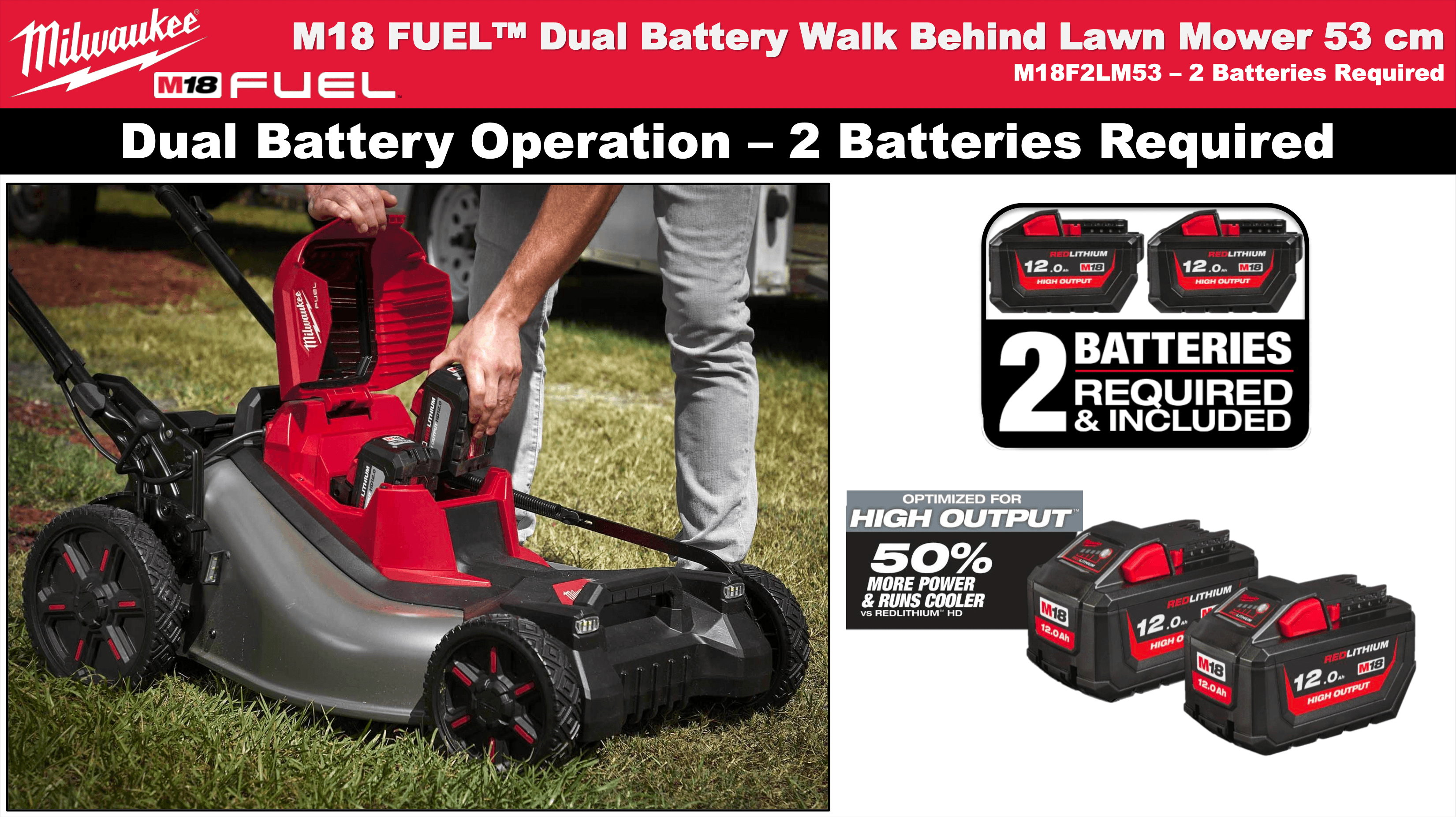 Mașină de gazon pe acumulatori Milwaukee M18F2LM53-122, 2 x M18 HB12 acumulator, M18 DFC încărcător, fără cutie, cod 4933479585 + CADOU: cană termică PACKOUT™ 591ML 4932479074 + minge fotbal Milwaukee + ochelari - BIG STORE (Dynamic Tools SRL)