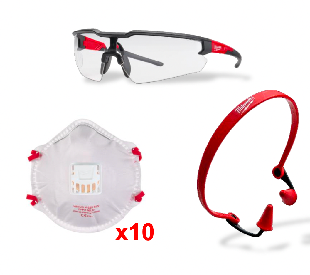 KIT Milwaukee Dulgherie PPE - ochelari de protecție + antifoane + 10 x mască de protecție cu filtru FFP2, cod 4932492068
