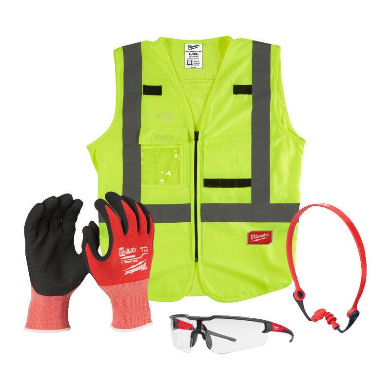 KIT Milwaukee Construcții PPE - ochelari de protecție + antifoane + mănuși rezistente la tăiere L/9 + vestă reflectorizantă L/XL, cod 4932492062 - BIG STORE (Dynamic Tools SRL)