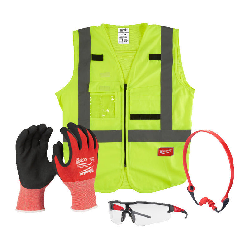 KIT Milwaukee Construcții PPE - ochelari de protecție + antifoane + mănuși rezistente la tăiere L/9 + vestă reflectorizantă L/XL, cod 4932492062