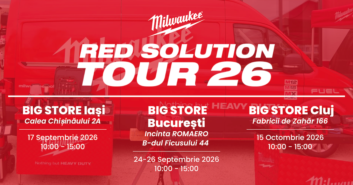 Te invităm la Milwaukee RED SOLUTION TOUR 2026 | Iași 17.09 | București 24-26.09 | Cluj-Napoca 15.10