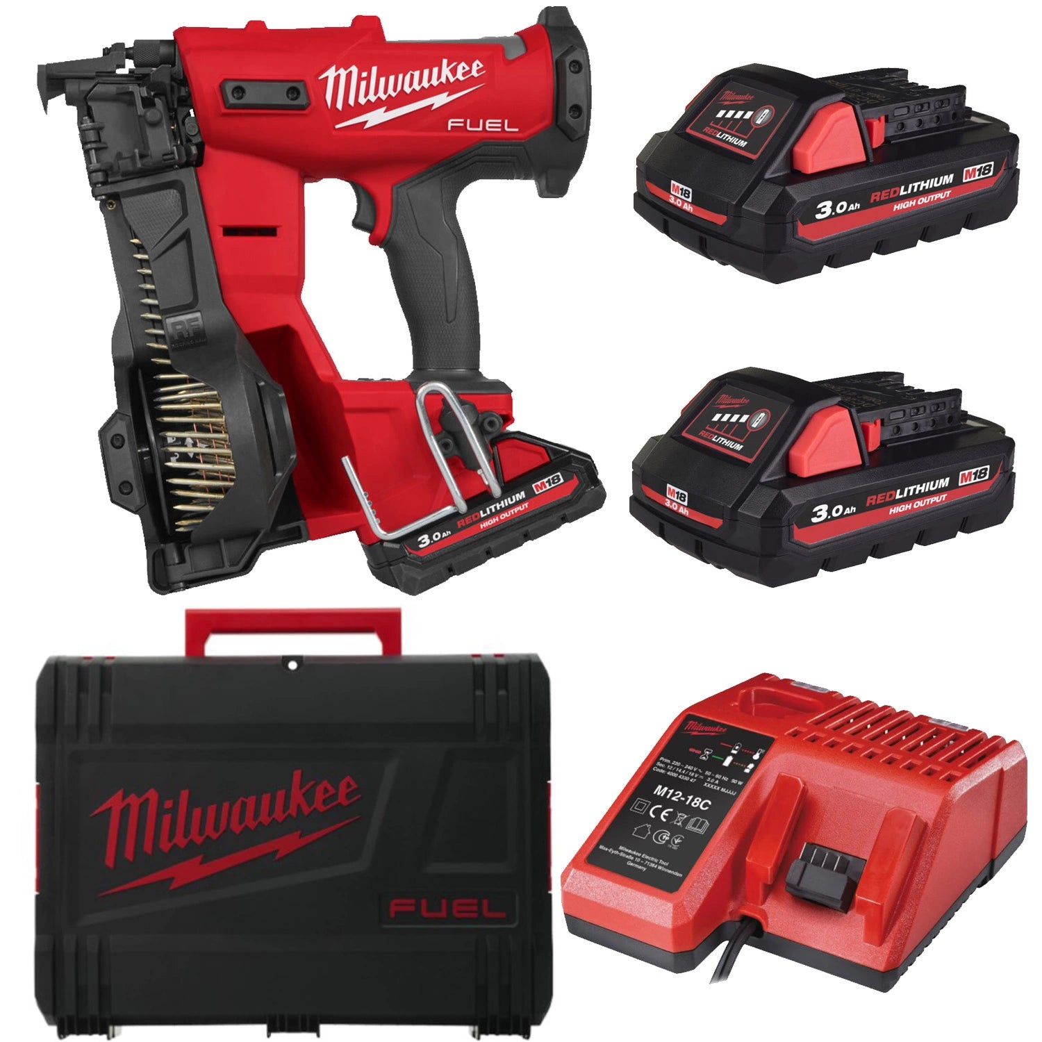 Pistol de bătut cuie Milwaukee M18 FRCN45-302X în role, FUEL™, 2 x acumulator M18 HB3, 1 x încărcător M12-18 FC, 1 x cutie HD, cod 4933498169