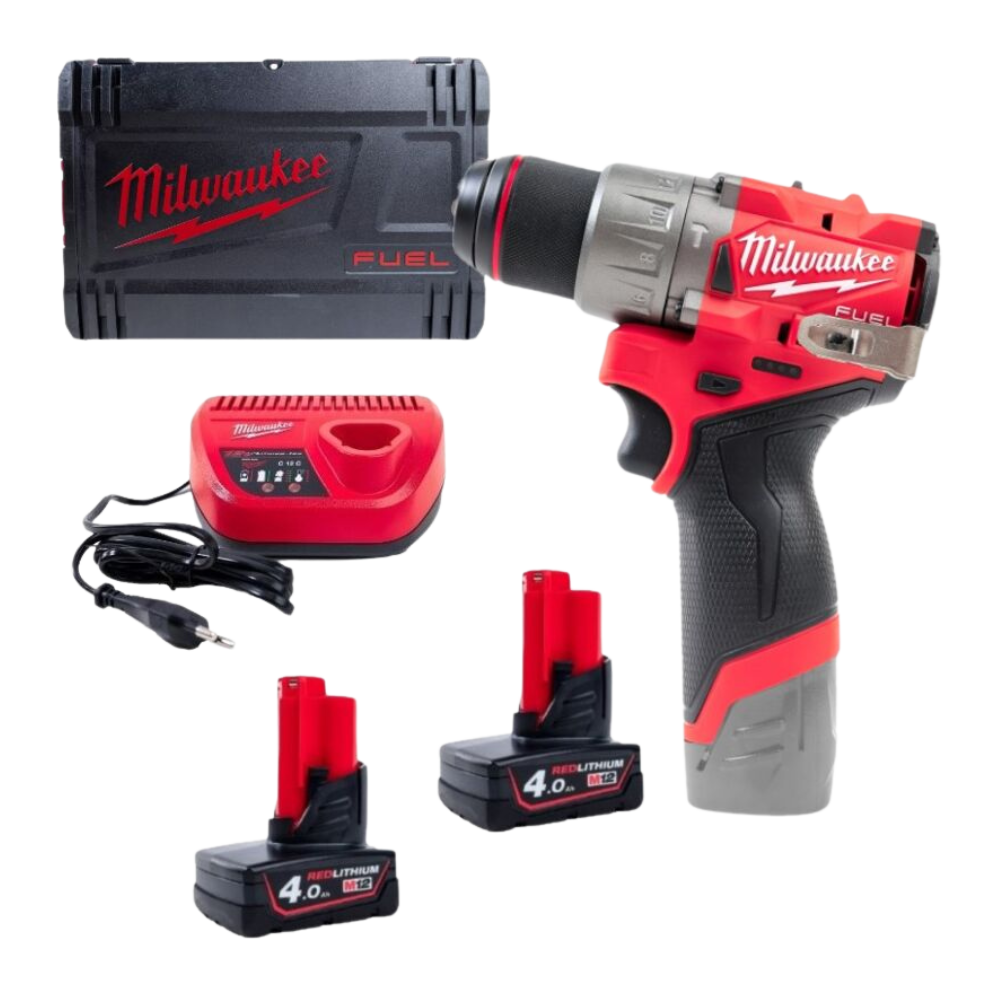 Mașină de găurit/înșurubat Milwaukee M12FPD2-402X, cu percuție M12 FUEL™ subcompactă, 2 x acumulator M12 B4, 1 x încărcător C12 C, 1 x cutie HD, cod 4933479869