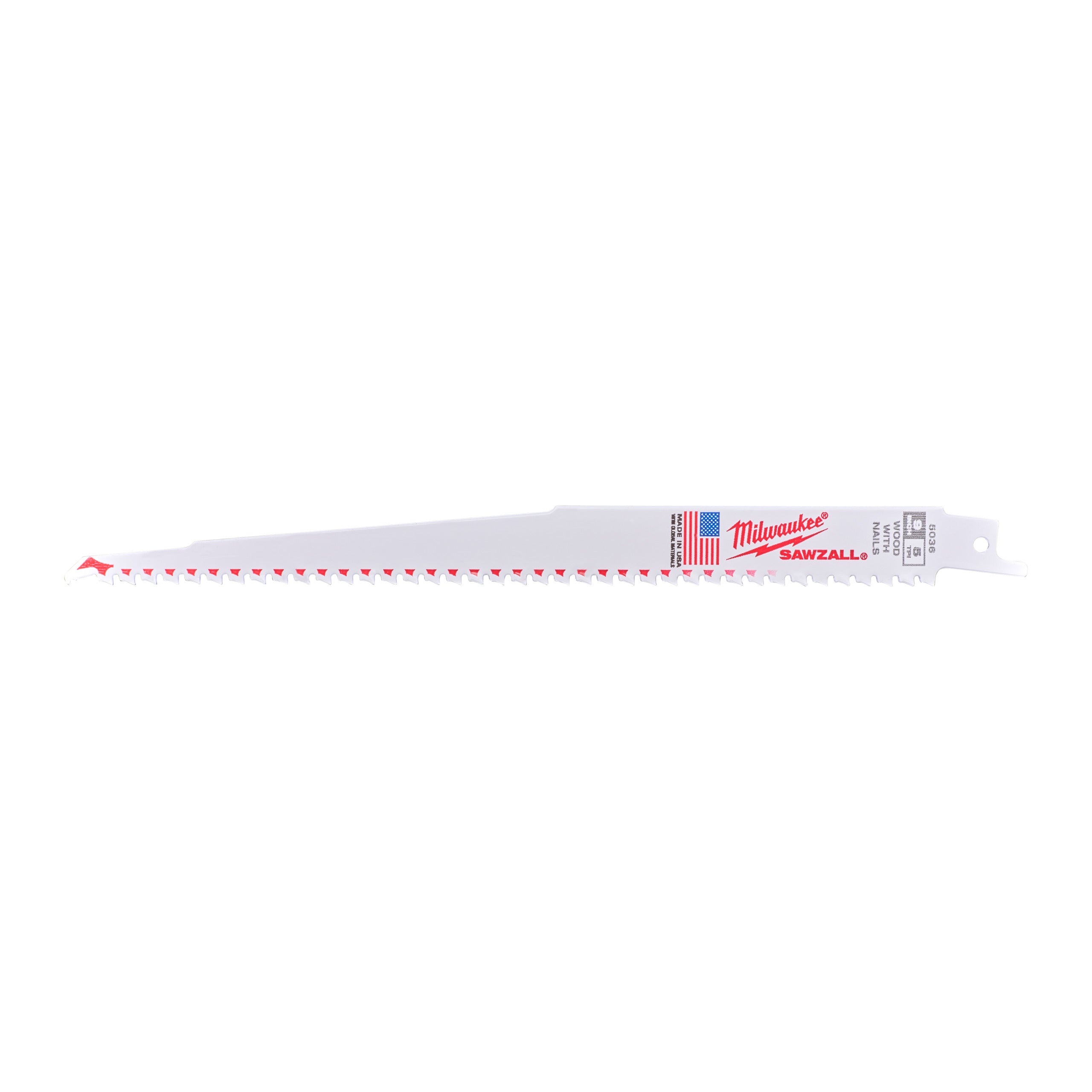 Pânză pentru fierăstrău sabie Sawzall Lemn cu cuie: Pânză pentru demolări THIN KERF Milwaukee 230mm x 5 Tpi, cod 48475036
