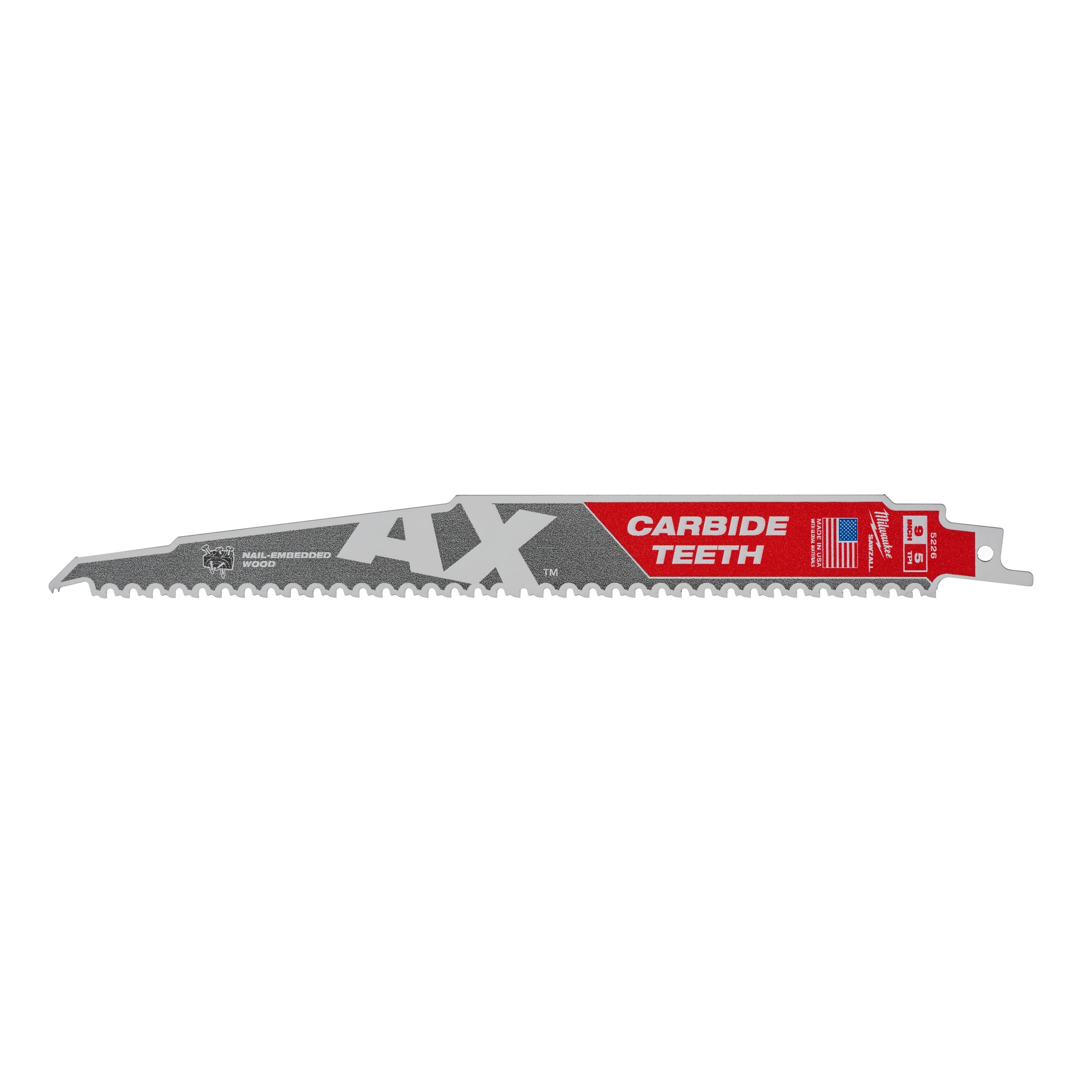 Pânză pentru fierăstrău sabie Sawzall Heavy Duty AX™ cu dinți din carbură pentru lucrări de demolare Milwaukee TCT AX 230mm x 5 Tpi, cod 48475226