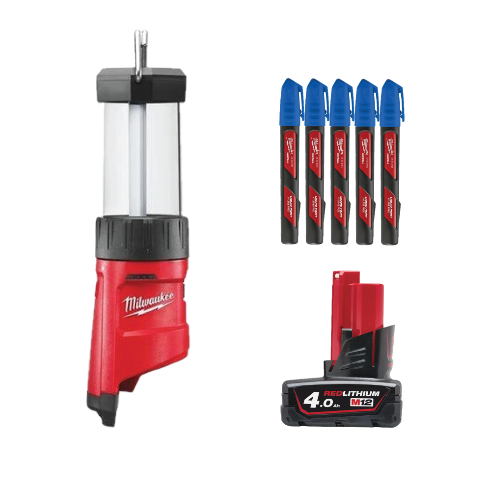 [PACHET PROMO] 1 x Lampă LED Milwaukee M12LL-0 4932430562 + 1 x Acumulator REDLITHIUM-ION™ M12 B4 4932430065 + 5 x Marker șantier albastru 4932492144