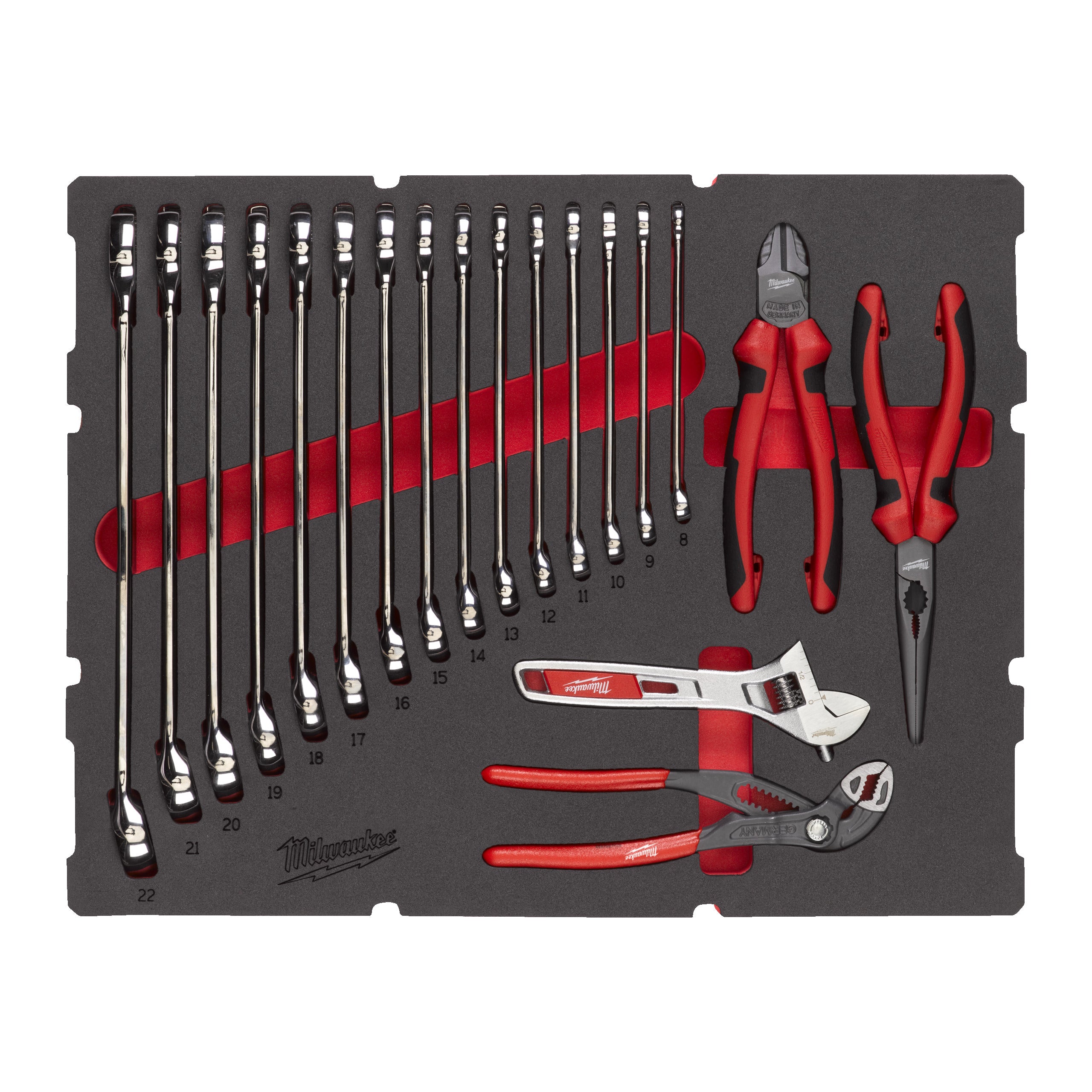 Set inserție spumă PACKOUT™ chei fixe și clești MAX BITE™ Milwaukee Maxbite Combination Spanner and Plier Set Foam Insert, cod 4932493339