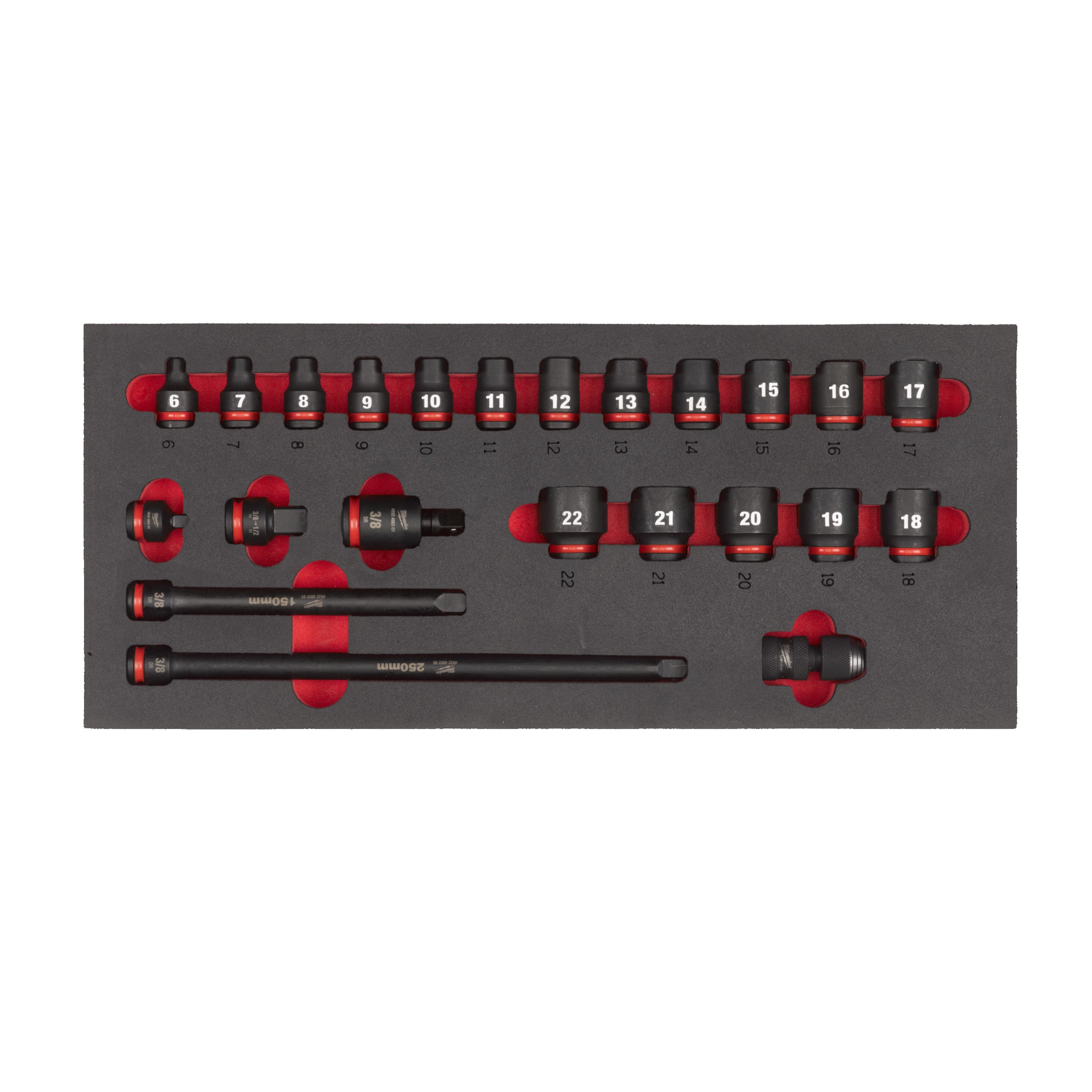 Cheie tubulară Shockwave de impact SHOCKWAVE™ IMPACT DUTY Milwaukee 3/8" Sockets STD foam set 1 (23 pc), cod 4932493388