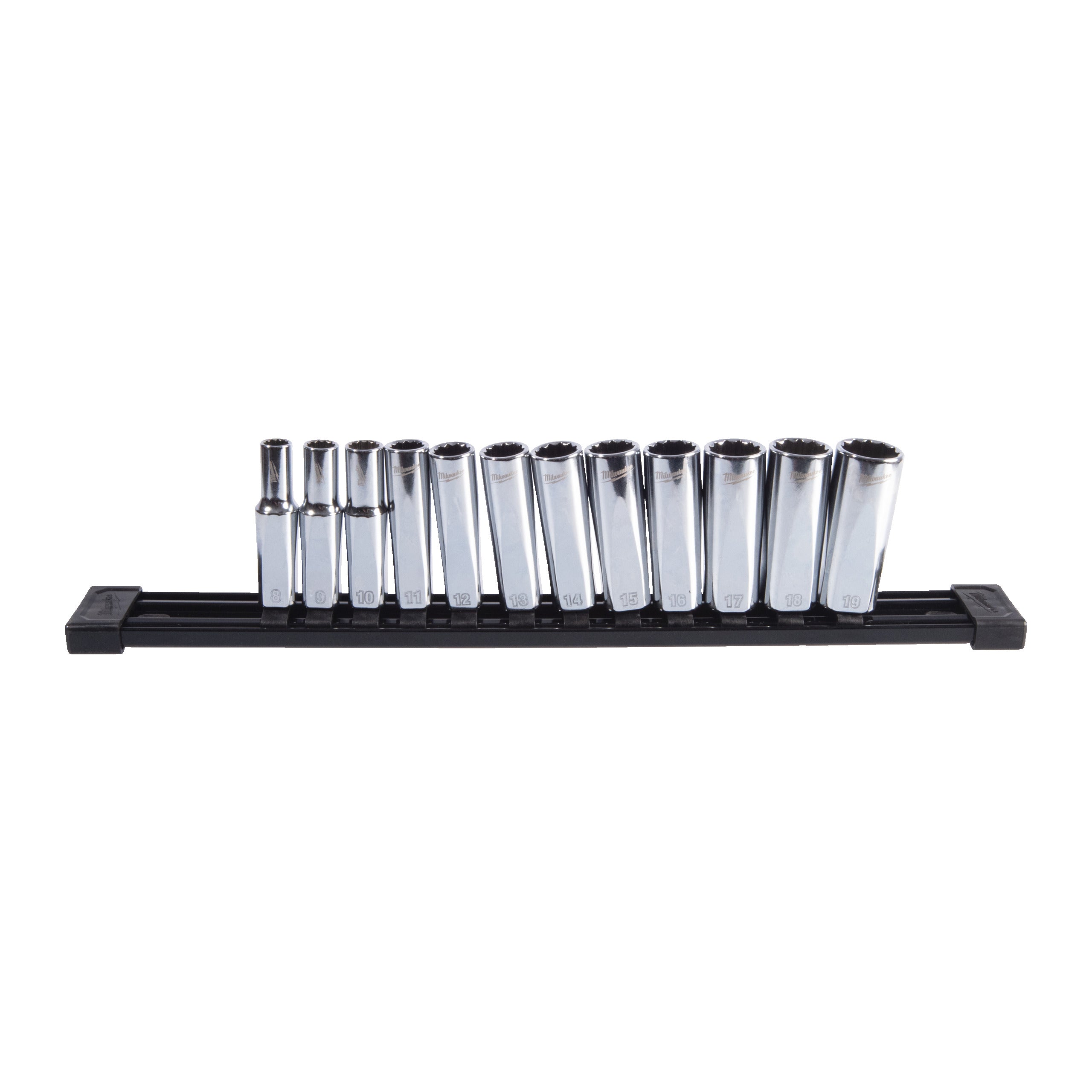 Cheie tubulară lungă ⅜″ metrică, 12 puncte Milwaukee 12 pc 3/8" Drive Deep-12 Point Socket Set - Metric, cod 4932498796