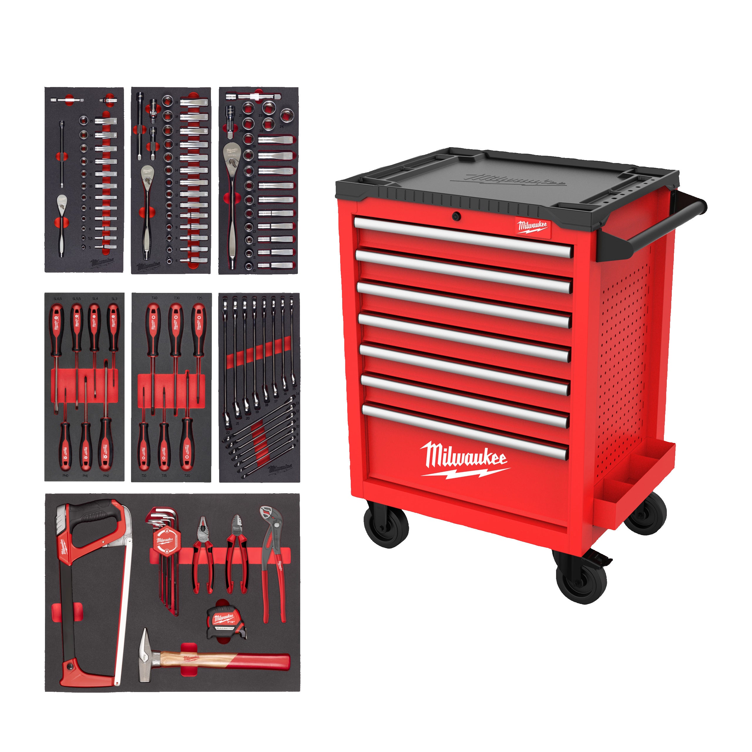 Dulap de scule mobil, echipat cu 7 sertare, metalic, 69 cm dotat cu 131 buc scule Milwaukee TOOLGUARD™ 27˝/69 cm, cod 4932499182