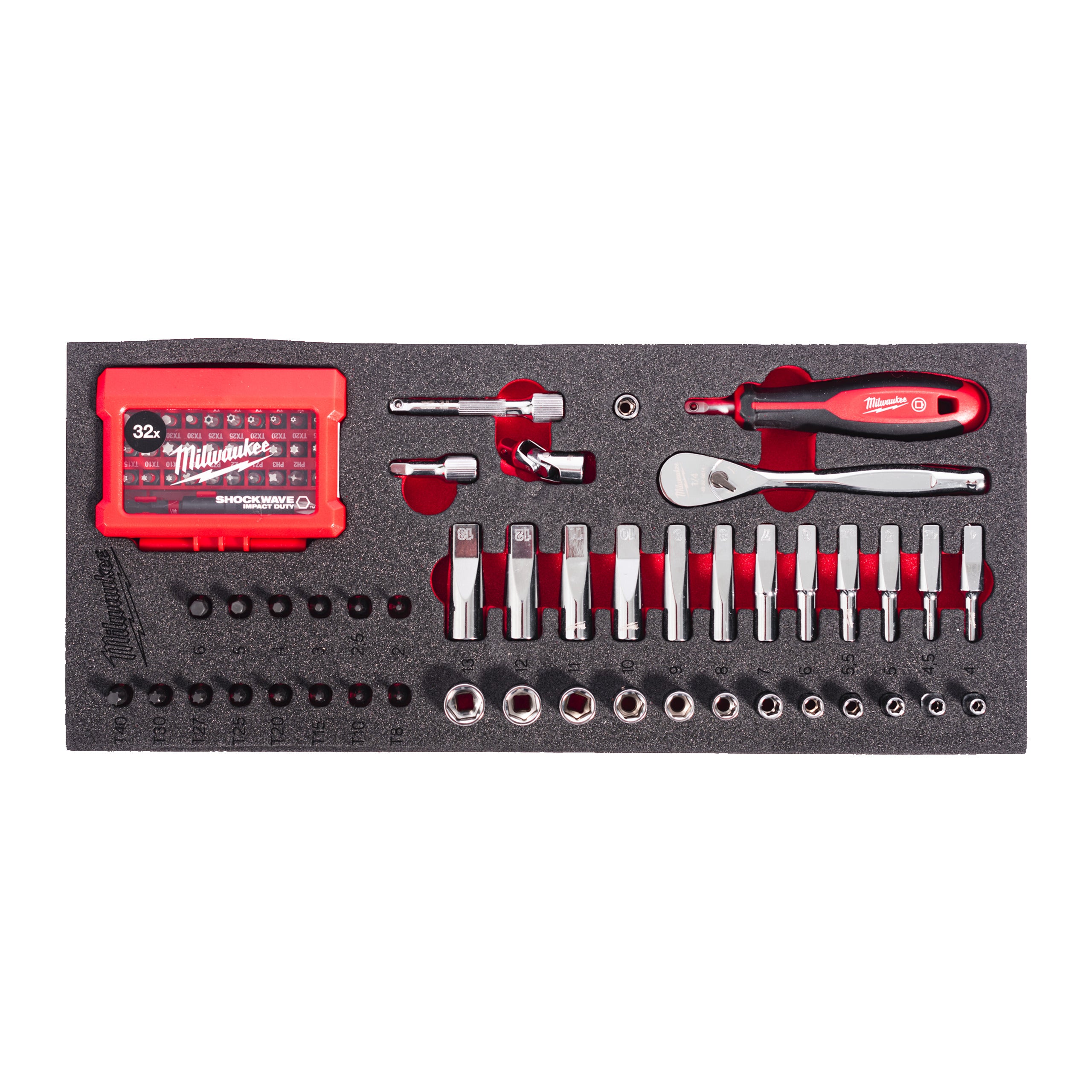 Inserție spumă 76 buc. antrenor cu clichet, biți și chei tubulare ¼″ Milwaukee 1/4" Ratchet and Bit Socket Set Foam Insert, cod 4932499293