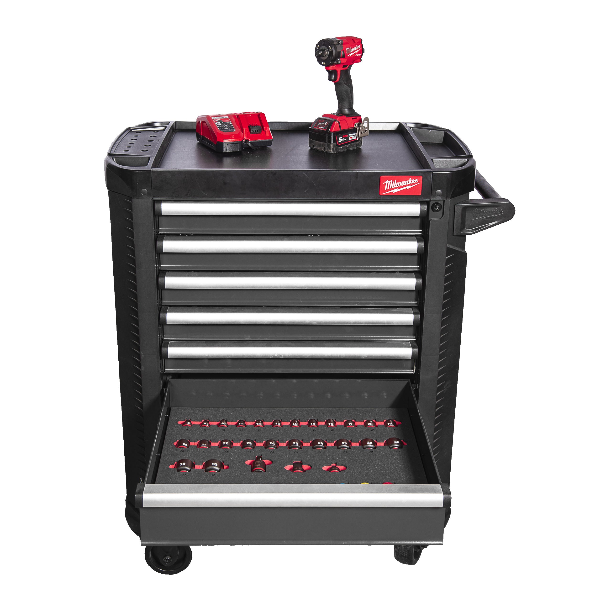 Dulap metalic TOOLGUARD™ TOOLGUARD™ Dulap de scule mobil, cu 7 sertare, metalic, 78 cm dotat cu scule, EU Milwaukee 246 pc Filled TOOLGUARDTM 30IN/78cm GREY, cod 4932500743