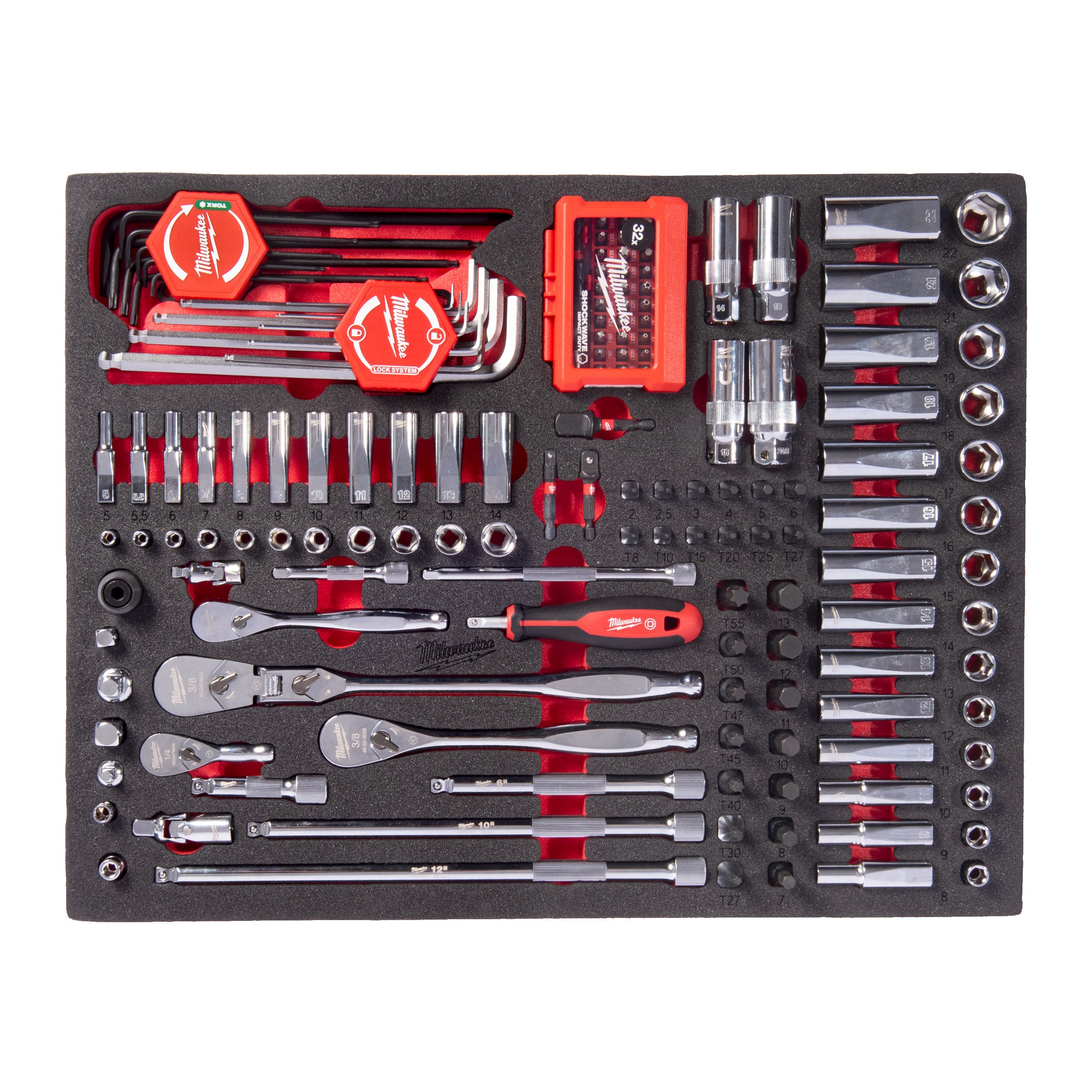 Inserție din spumă pentru dulap metalic TOOLGUARD™ - antrenor cu clichet, chei tubulare și cap chei tubulare ¼″ și ⅜″ Milwaukee 153 pc 1/4'' and 3/8'' Ratchet and Socket and Bit Socket Set Foam Insert, cod 4932500756