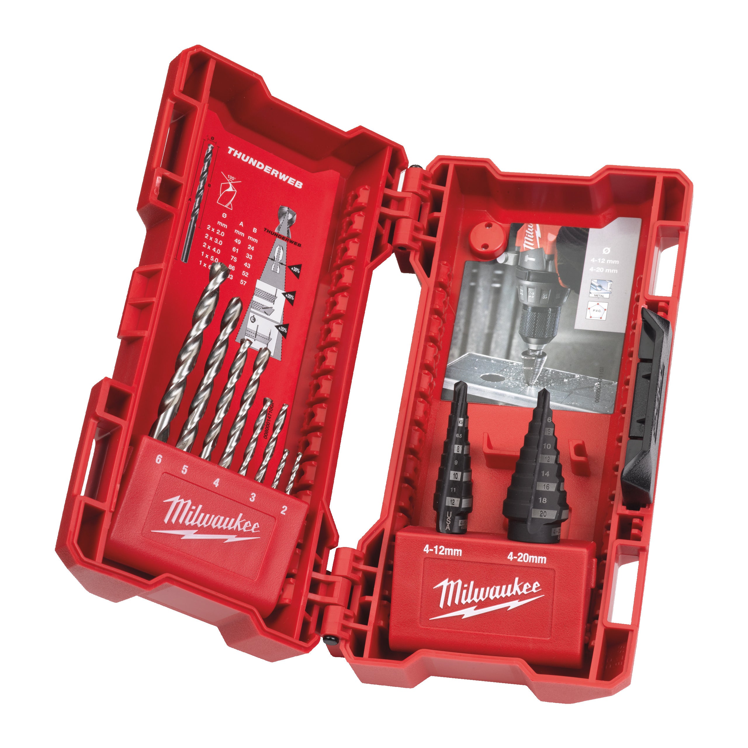 Burghiu pentru metal Set 10 buc - burghie în trepte & Thunderweb Combo Milwaukee Step Drill Bits & Thunderweb Combo Set, cod 4932501119