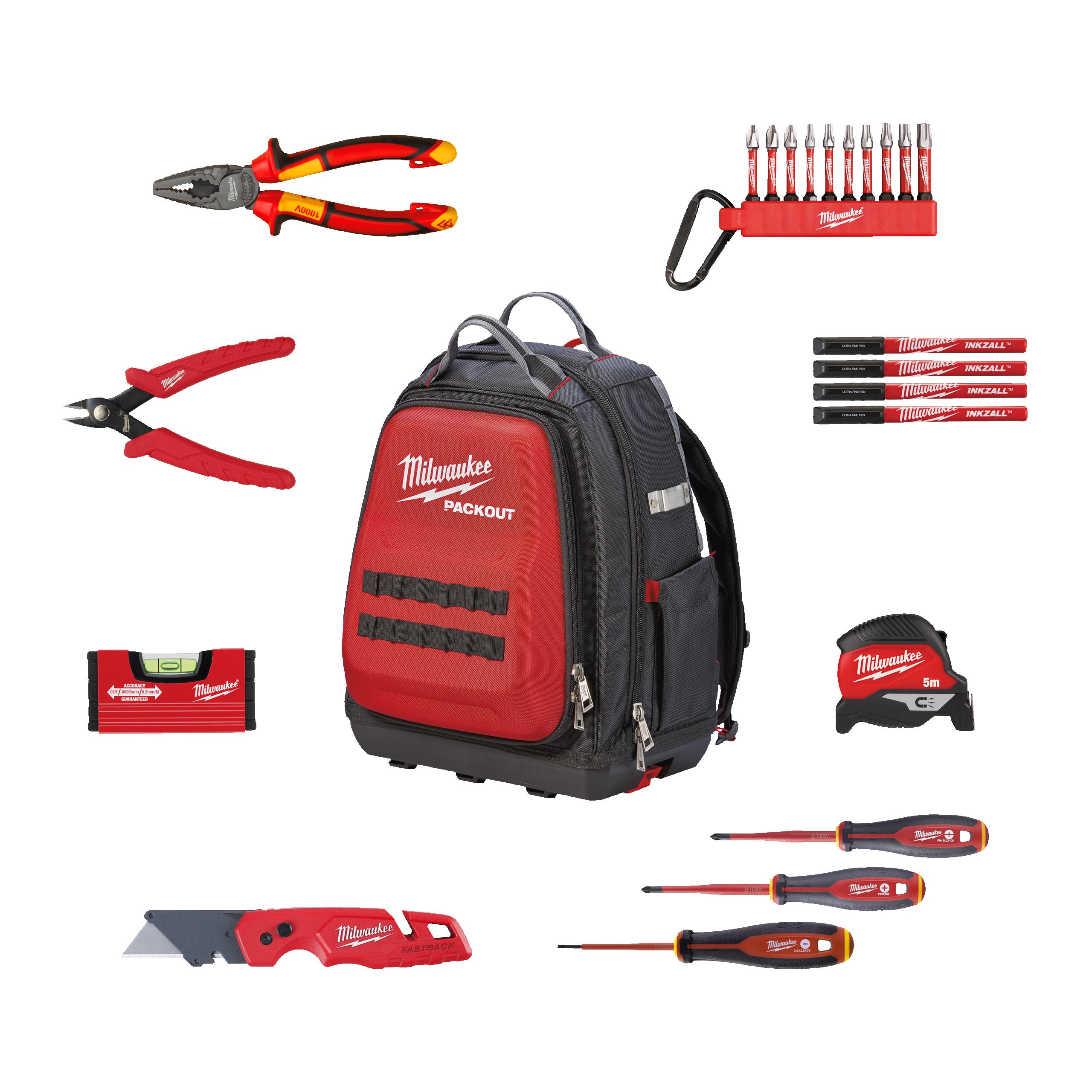 Set scule de mână electricieni 23 buc. în ghiozdan PACKOUT™ Milwaukee Packout Backpack Electrician Set 23 pc, cod 4932501189