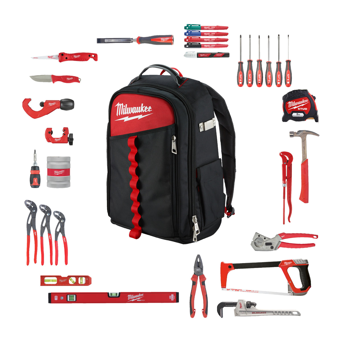 Set scule de mână instalatori 38 buc, în rucsac îngust Milwaukee Low Profile Backpack Plumbing Set 38 pc, cod 4932501190