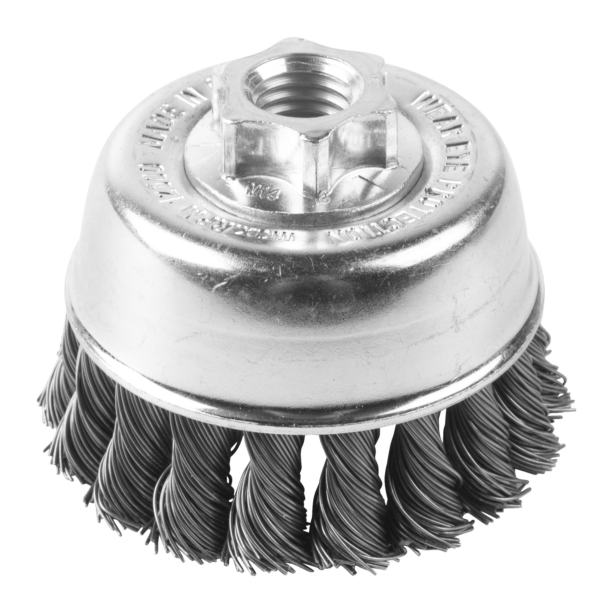 Perie sârmă răsucită tip cupă pentru polizor drept mic Milwaukee Knot Cup Brush M14 65x18mm Steel 0.5mm, cod 4932501735