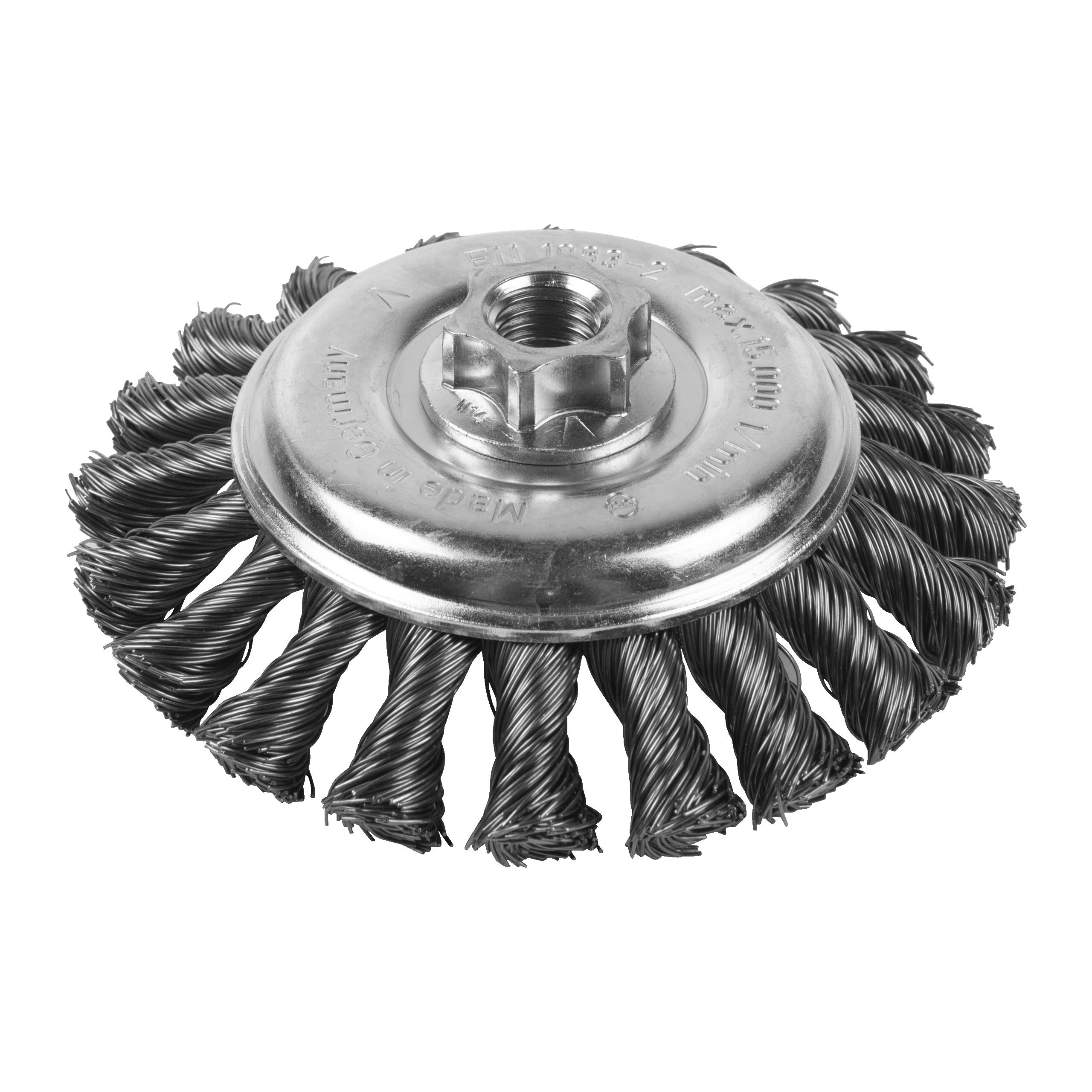 Perie sârmă conică răsucită pentru polizor drept mic Milwaukee Knot Conical Brush M14 115x12mm Steel 0.5mm, cod 4932501746
