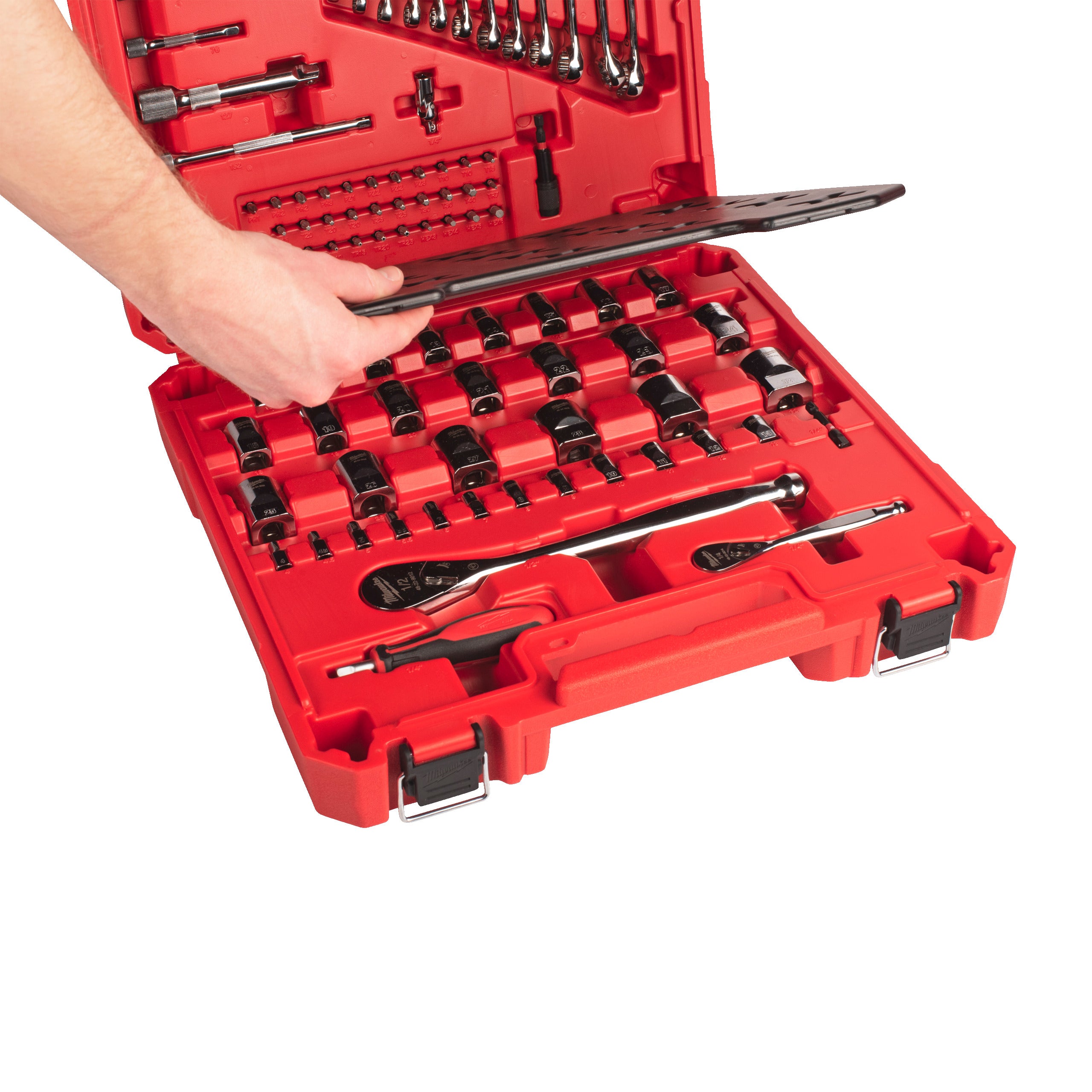 Set trusă mecanic Set de scule de mână mecanici Milwaukee 87 pc 1/4'' & 1/2'' Drive Mechanics Set, cod 4932501844