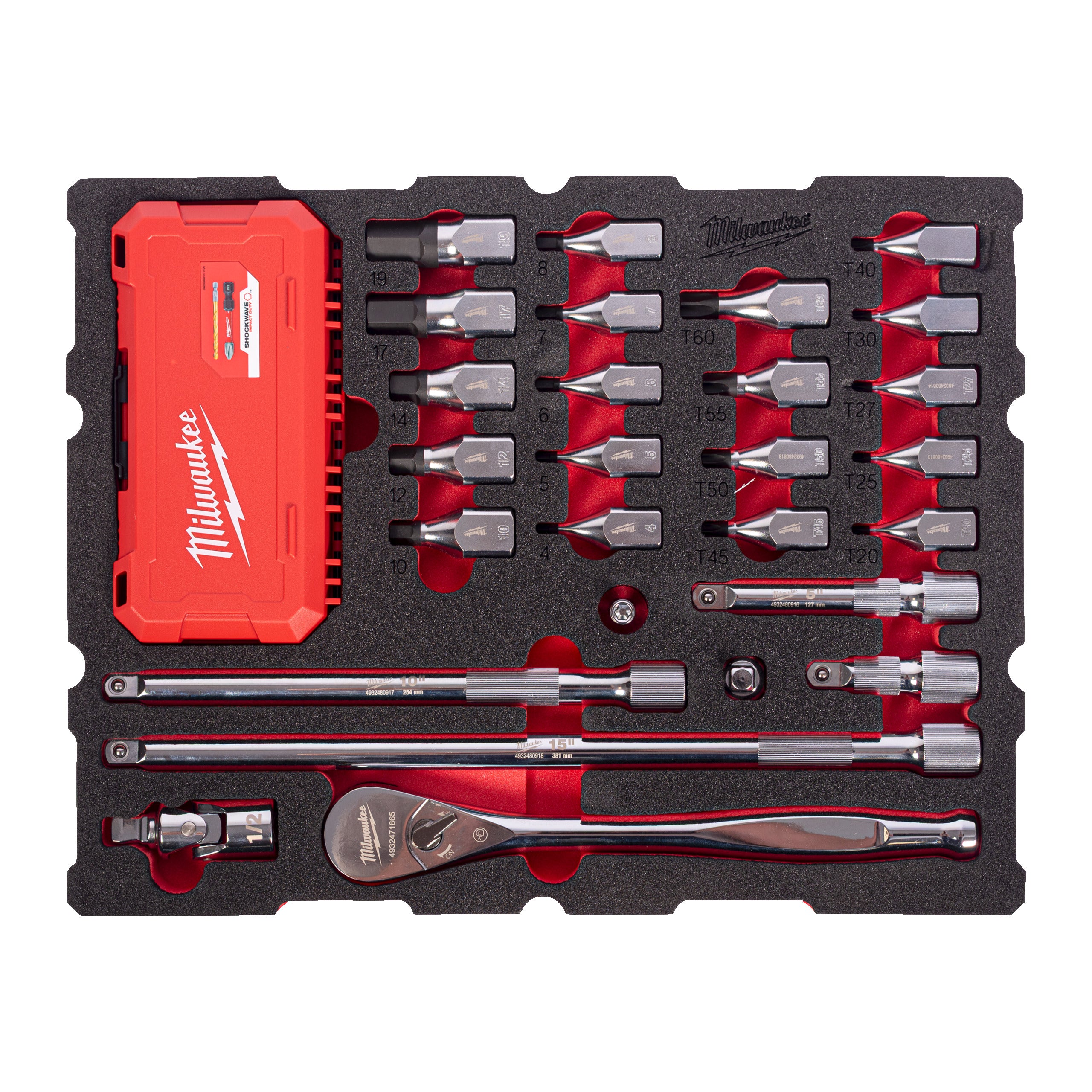 Set inserție spumă PACKOUT™ antrenor cu clichet ½″ și cap chei tubulare cu bit Milwaukee 67 pc ½'', cod 4932501870