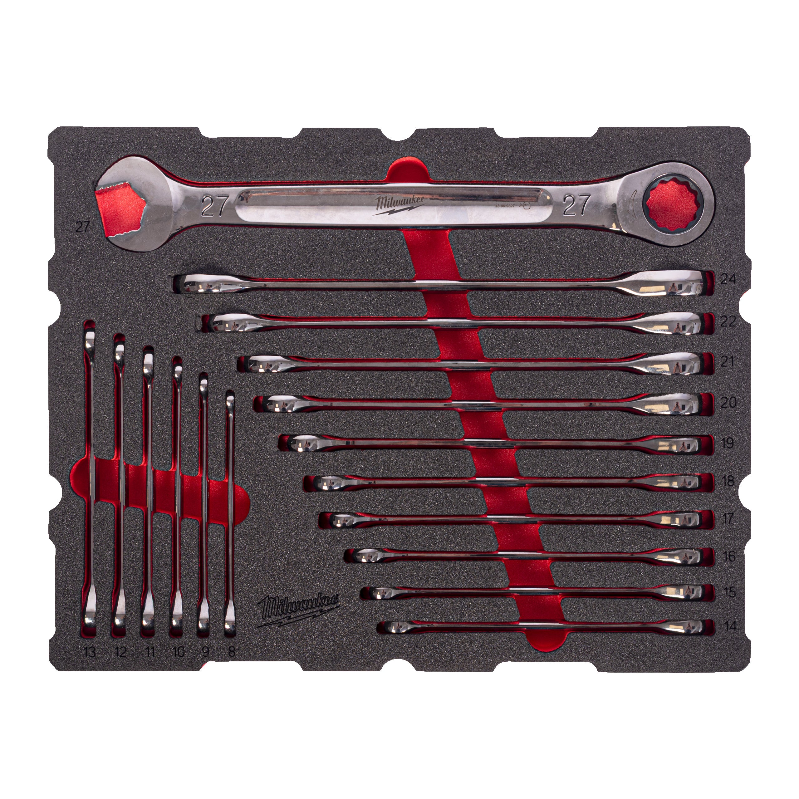 Set inserție spumă PACKOUT™ chei combinate cu clichet MAX BITE™ Milwaukee 17 pc MAX BITE Ratcheting Combination Spanner Set PackoutTM Foam Insert, cod 4932501872