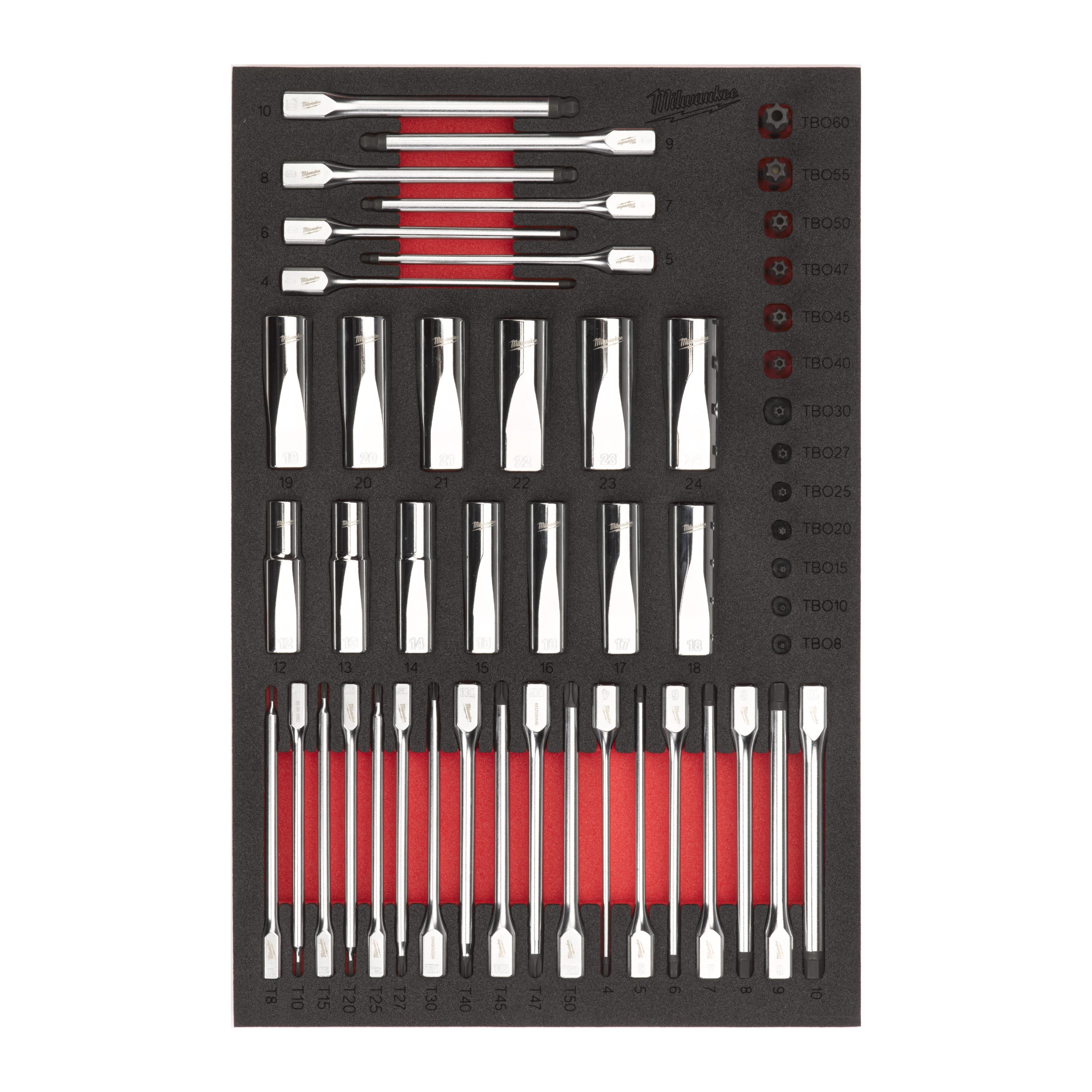 Inserție din spumă pentru dulap metalic TOOLGUARD™ cap cheie tubulară lungă cu bit ¼″, ⅜″ și ½ (51 buc.) pentru dulapurile 46″/36″ Milwaukee, cod 4932502081