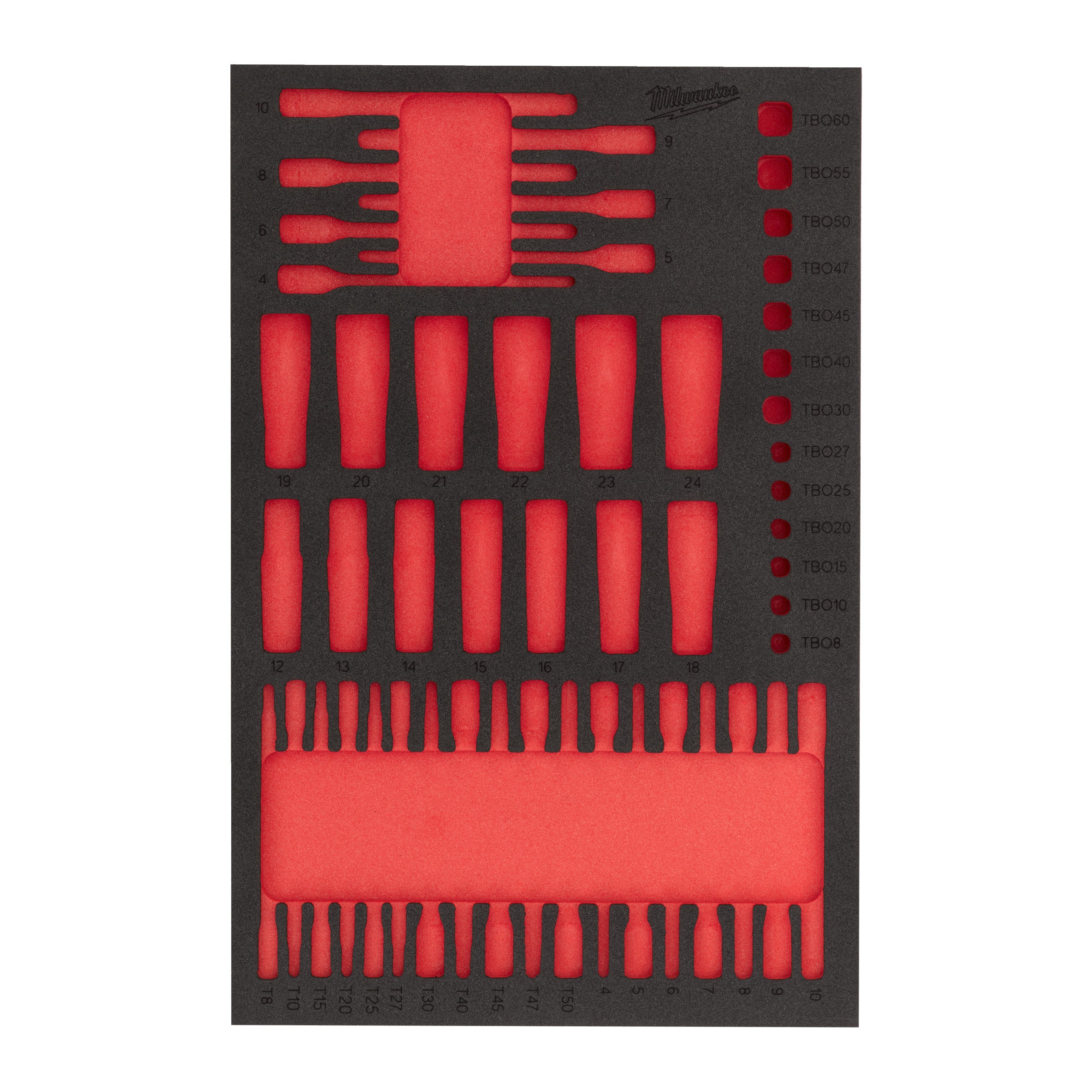 Inserție spumă goală pentru cap cheie tubulară lungă cu bit ¼″, ⅜″ și ½ (51 buc.) pentru dulapurile Milwaukee REPLACEMENT 51 pc 1/4'', 3/8'' and 1/2'' Socket and Bit Long/Std Socket Set Foam Insert 46''/36'', cod 4932502089