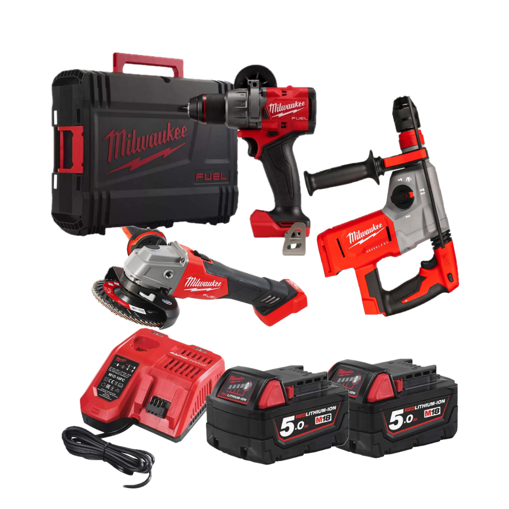Pachet BIG STORE Milwaukee M18: 1 x Mașină de găurit M18™ FPD3-0 + 1 x Polizor unghiular 125 mm M18 FSAG125-0X + 1 x Ciocan rotopercutor M18 BLHX-0X SDS-Plus + 2 x M18 B5 + 1 x M12-18FC, cod 4933000005