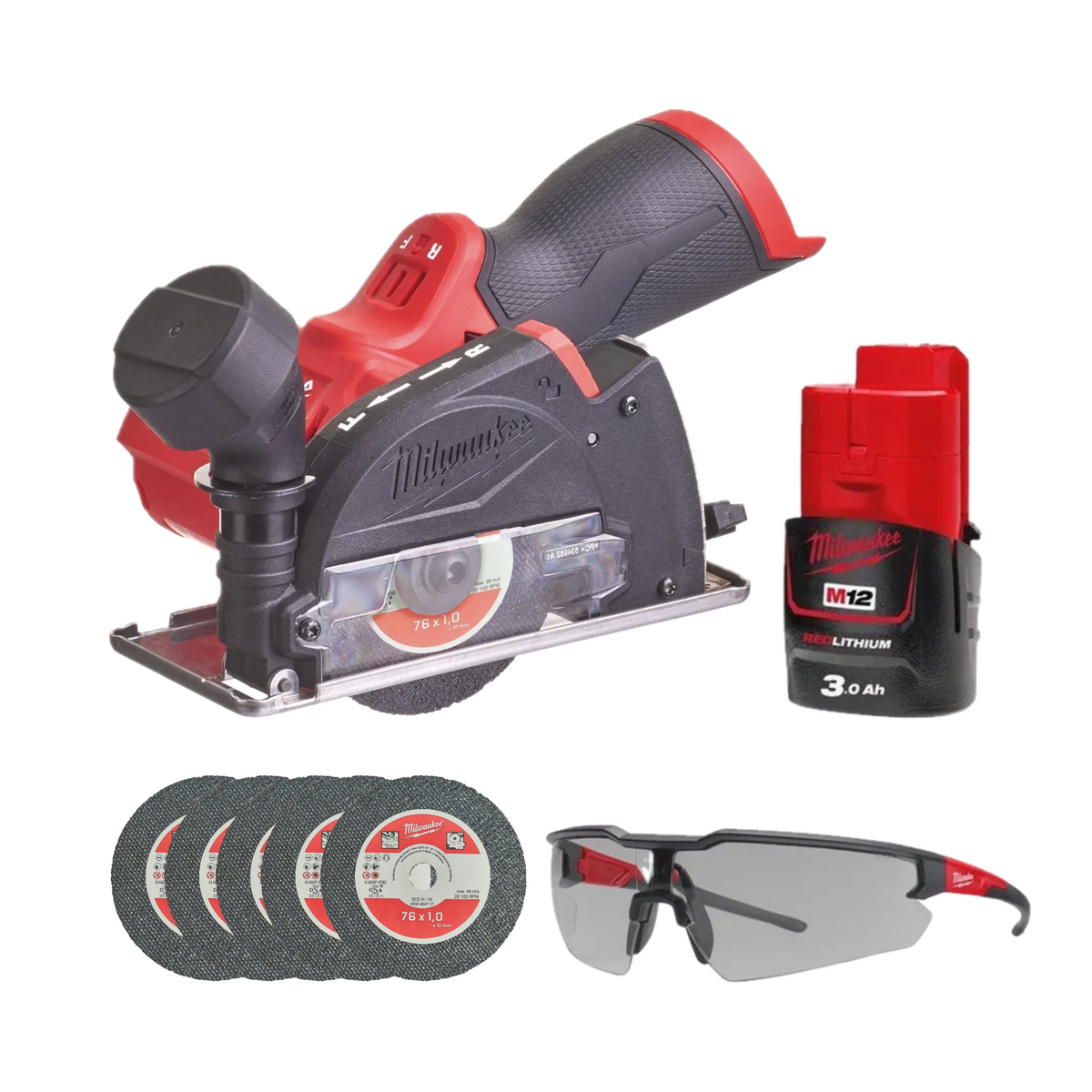 [PACHET PROMO] Mașină debitat materiale multiple M12 FUEL™ Milwaukee M12FCOT-0 4933464618 + Acumulator M12 B3 4932451388 + Set 5 discuri debitare metal 4932464717 + Ochelari de protecție 4932478907