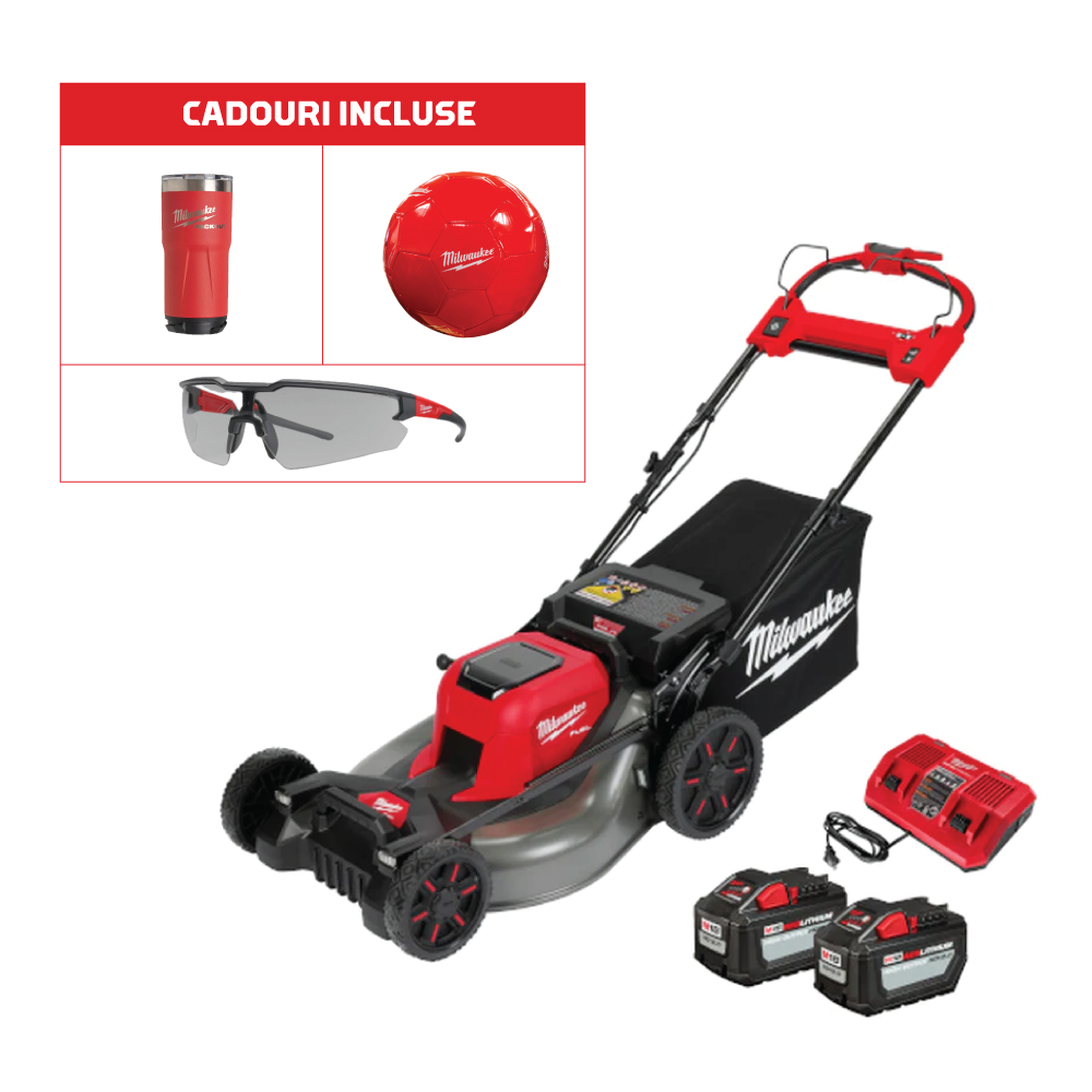 Mașină de gazon pe acumulatori Milwaukee M18F2LM53-122, 2 x M18 HB12 acumulator, M18 DFC încărcător, fără cutie, cod 4933479585 + CADOU: cană termică PACKOUT™ 591ML 4932479074 + minge fotbal Milwaukee + ochelari - BIG STORE (Dynamic Tools SRL)