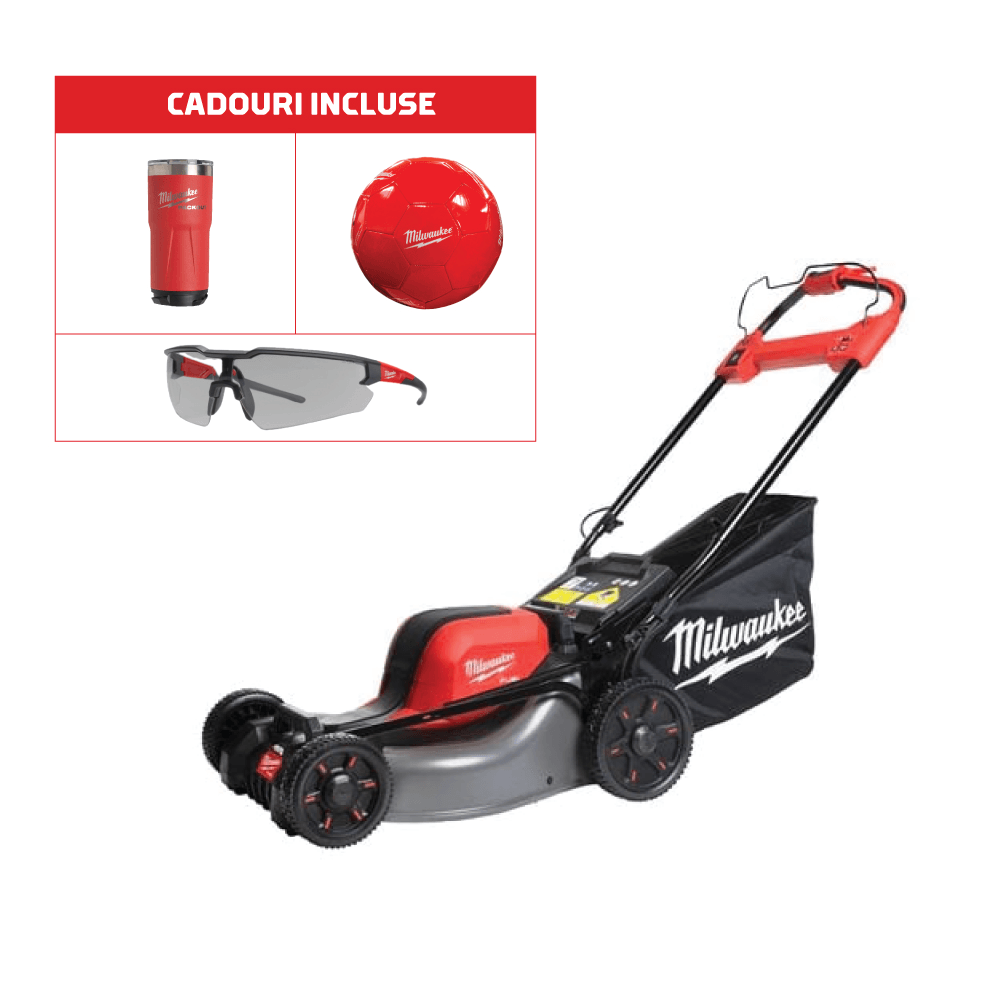 Mașină de gazon pe acumulatori Milwaukee M18 F2LM46-802, 2 x M18 HB8 acumulator, 1 x M18 DFC încărcător, fără cutie, cod 4933492011 + CADOU: cană termică PACKOUT™ 591ML 4932479074 + minge fotbal Milwaukee + ochelari - BIG STORE (Dynamic Tools SRL)