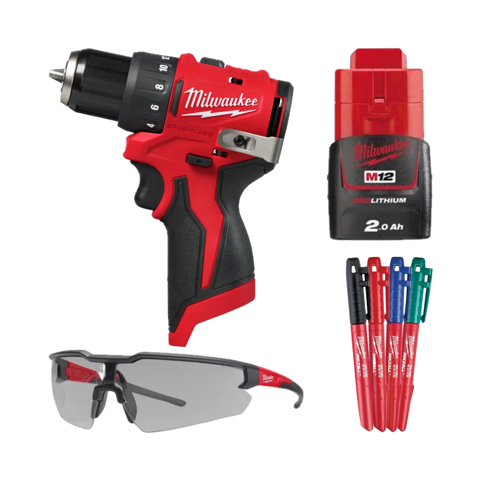 [PACHET PROMO] Mașină compactă de găurit Milwaukee M12 BLDDRC-0, cod 4933499683 + 1 x Acumulator REDLITHIUM-ION™ M12 B2 4932430064 + 1 x Ochelari de protecție 4932478907 + 1 x Set 4 markere colorate 48223106