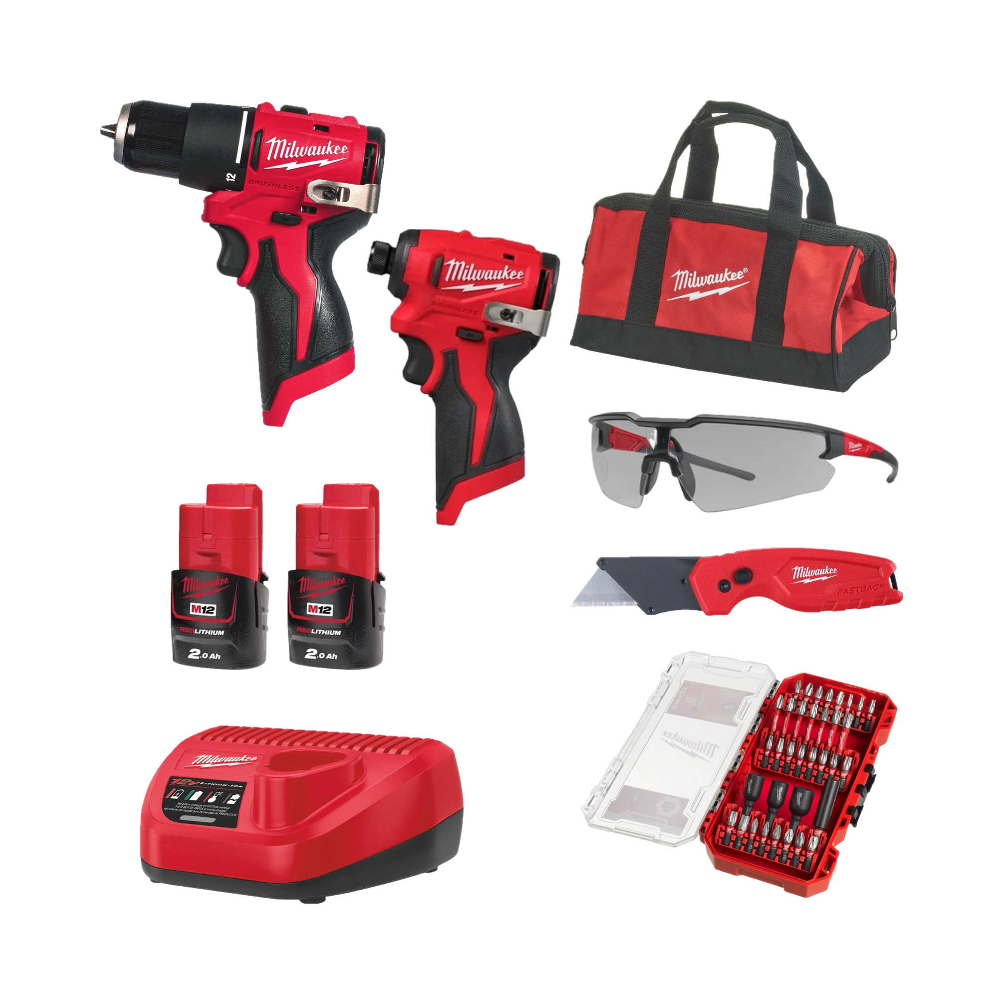 [PACHET PROMO] Set scule fără perii Milwaukee M12 BLPP2B-202B, cod 4933500425-202 + 1 x Cutter FASTBACK™ 4932471356 + 1 x Ochelari de protecție 4932478907 + 1 x Set biți 35 buc 4932492003