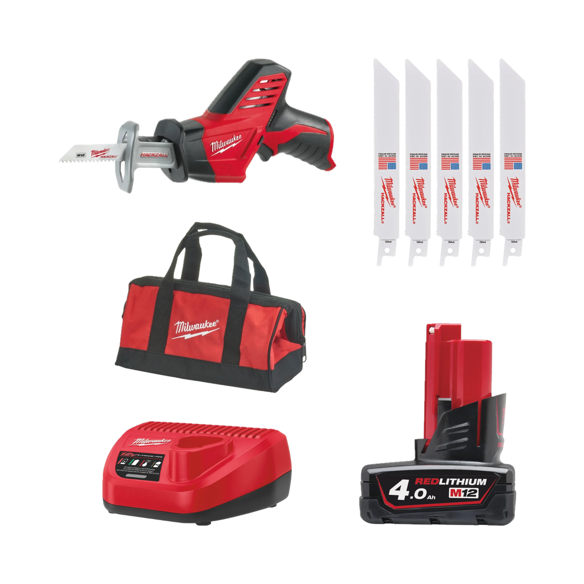 [PACHET PROMO] Fierăstrău sabie Hackzall™ M12™ Milwaukee C12HZ-0 4933411925 + 1 x Acumulator M12 B4 4932430065 + 1 x Încărcător M12™ C12C 4932352000 + 1 x Set 5 pânze sabie HACKZALL™  pentru PVC 49005614 + geantă de scule
