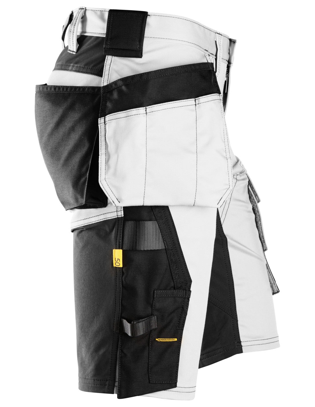 Pantaloni scurți de lucru, stretch, cu buzunare holster, Snickers Workwear, AllroundWork, 6141, White/Black