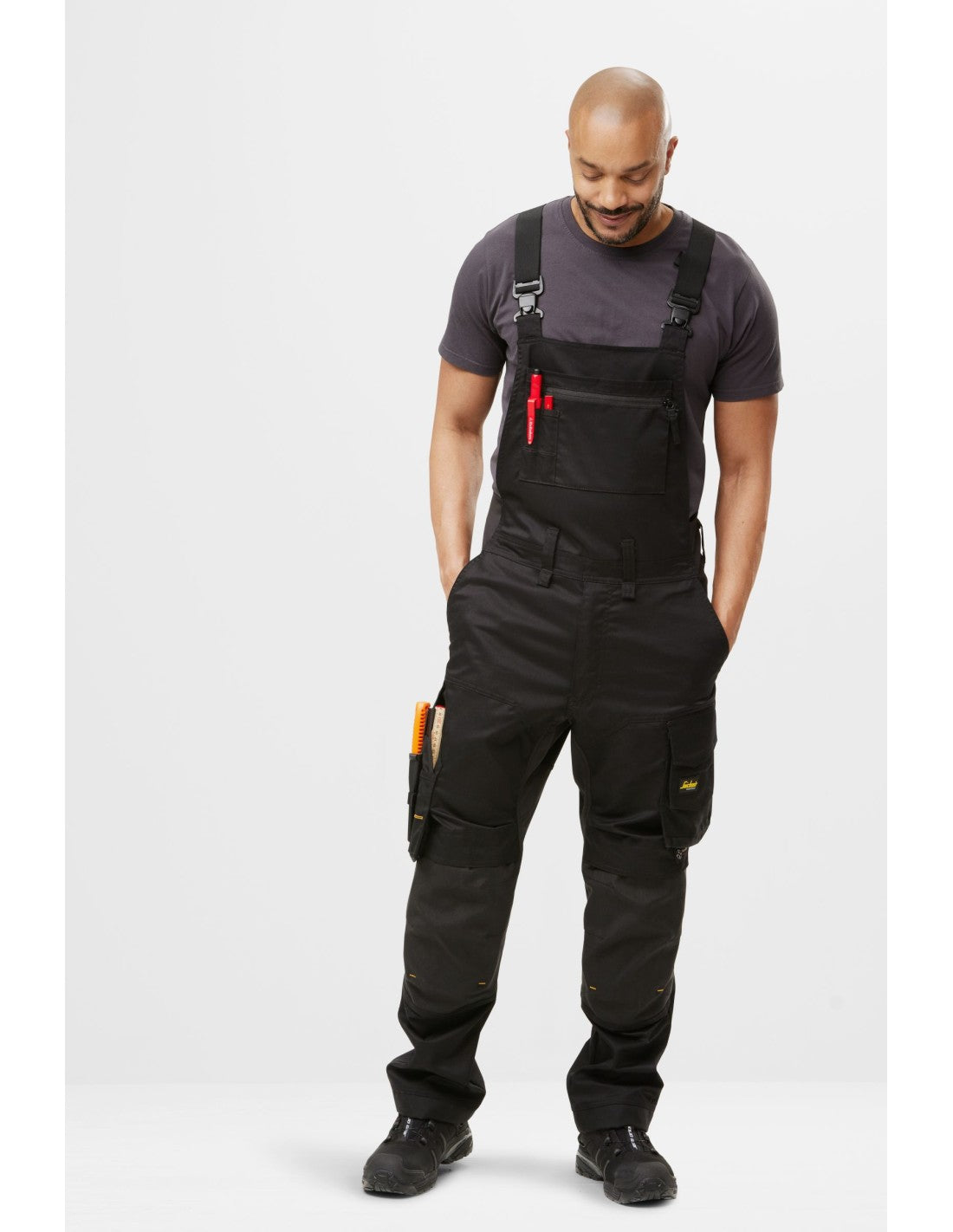 Pantaloni de lucru cu pieptar, stretch, Snickers Workwear, AllroundWork, 6051, Black/Black